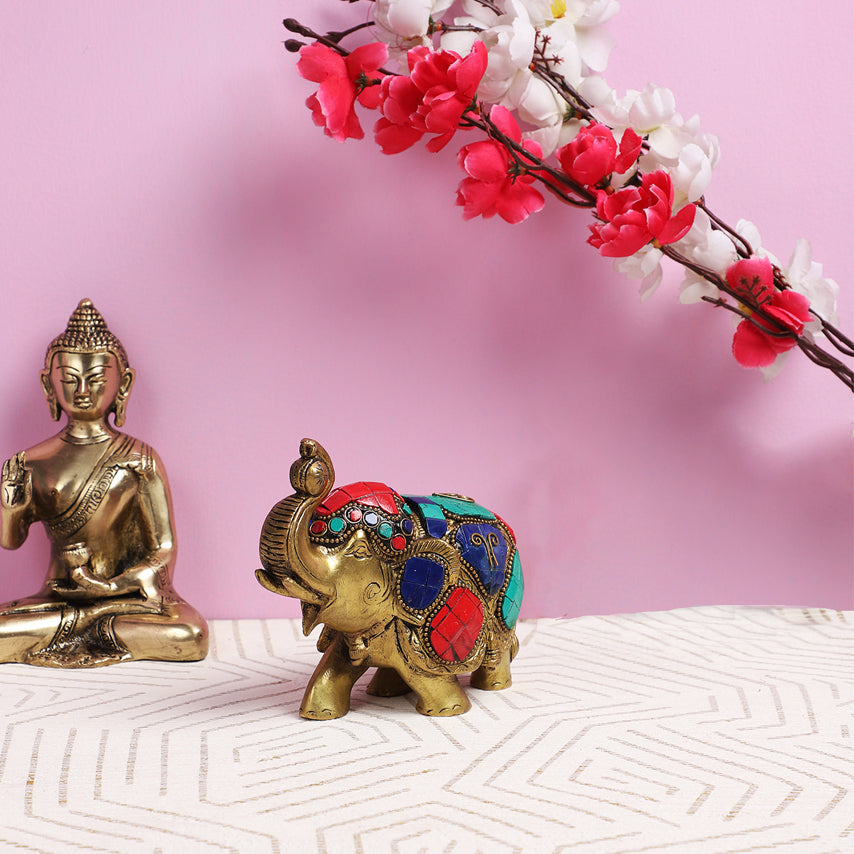 Maharaja Elephant Gemstone Brass Showpiece - 4 Inches