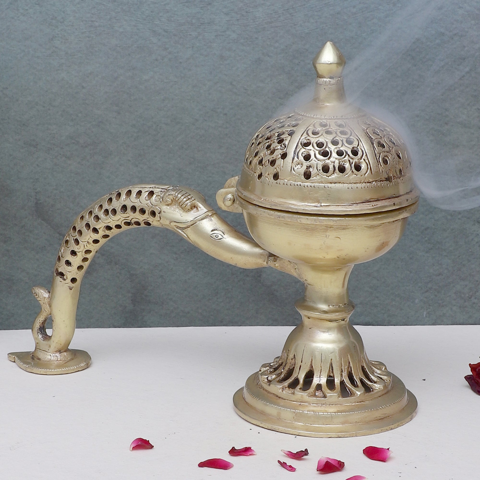 Brass 9 Inches Ethnic Design Incense Burner with Handle, Brass Dhoop Dani for Temple