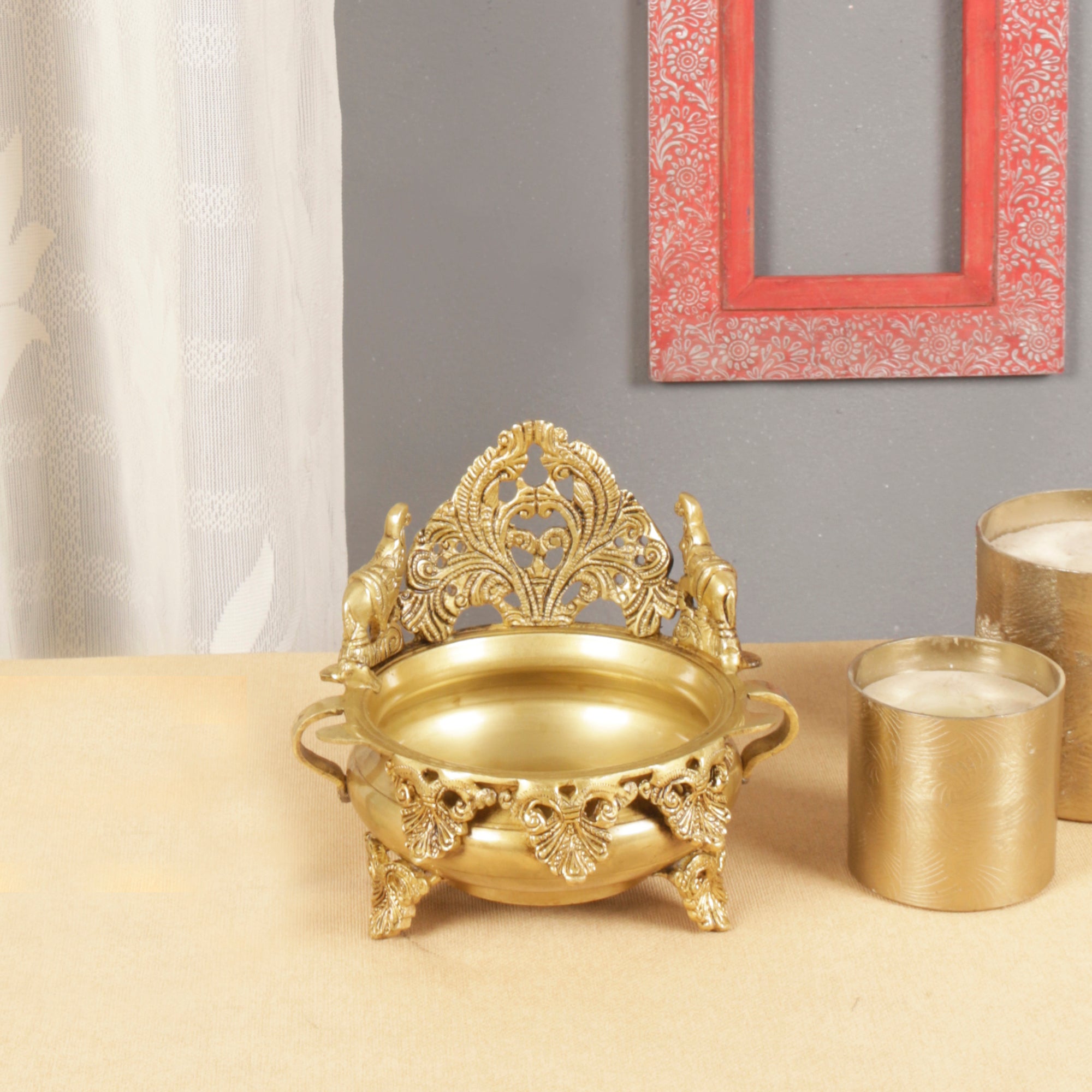 Brass Ethnic Carved 7 Inches Decor Urli Showpiece
