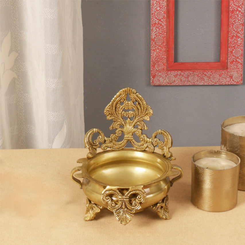 Brass Ethnic Carved 7 Inches Decor Urli Bowl, Golden