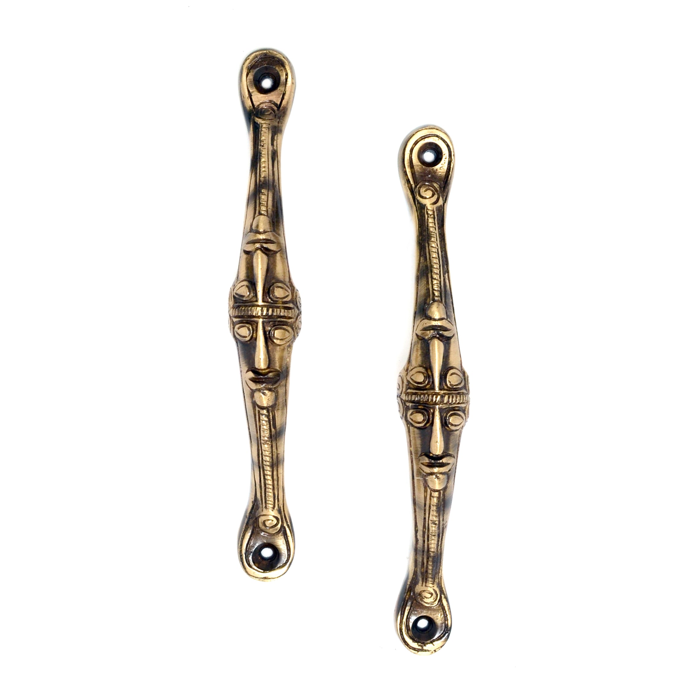 Brass Tribal Face Handle Pair (Standard Size, Antique Brown)