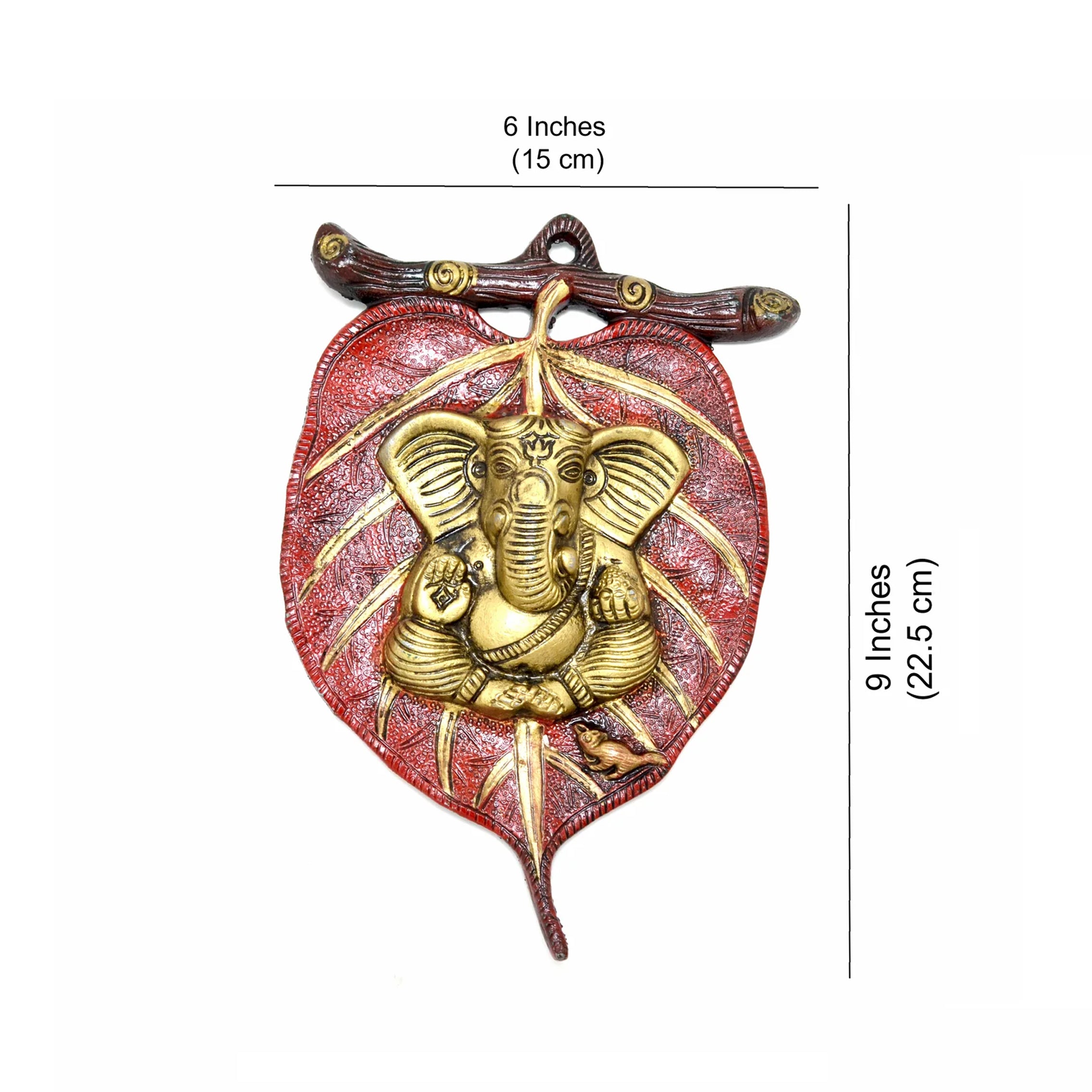 Ganesha On Red Patta Wall Hanging, Multicolour, Metal