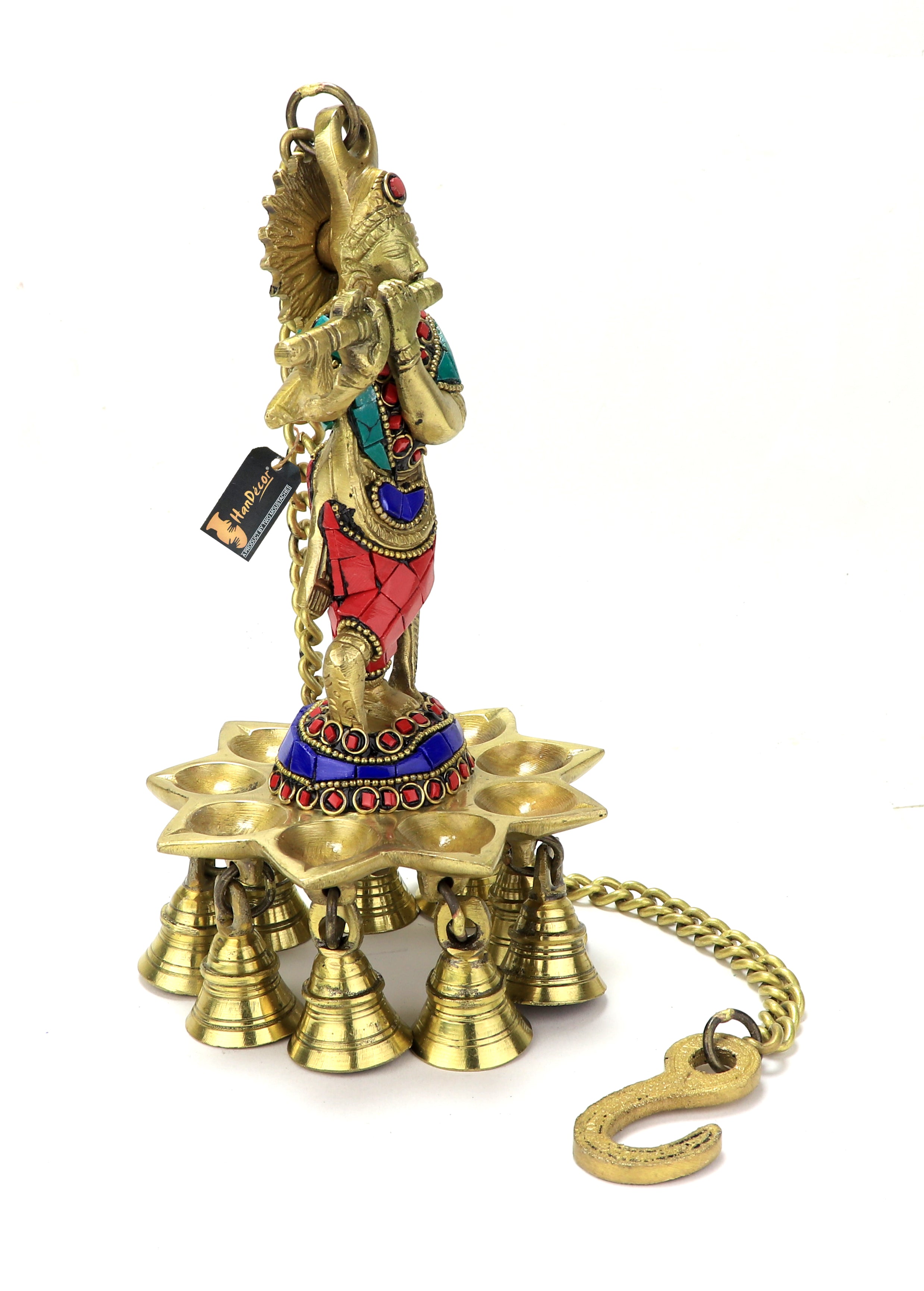 Gemstone Work Krishna Design Brass Hanging Diya, 8 Inches