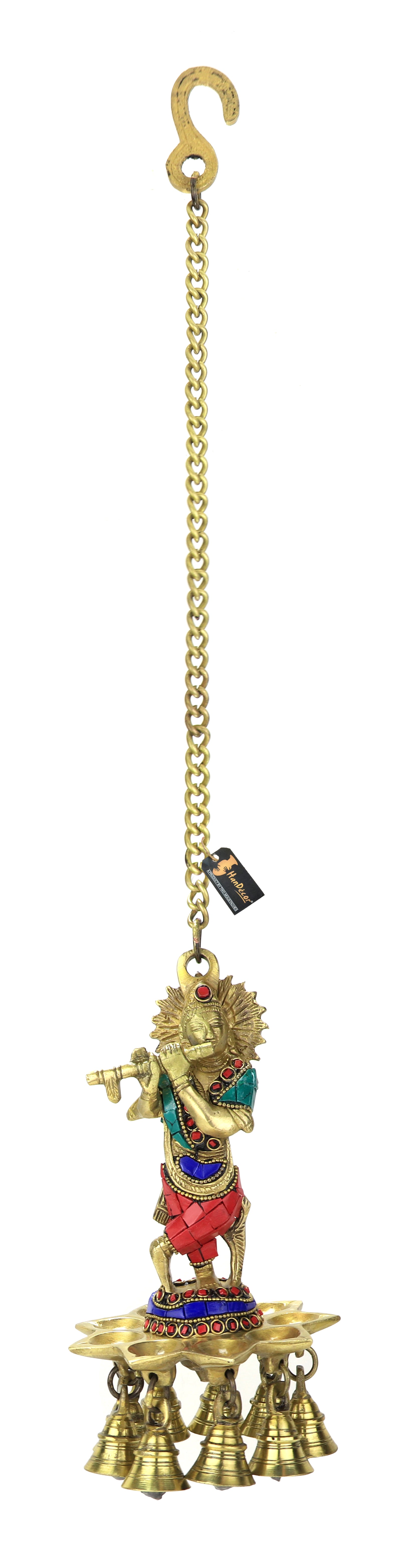 Gemstone Work Krishna Design Brass Hanging Diya, 8 Inches