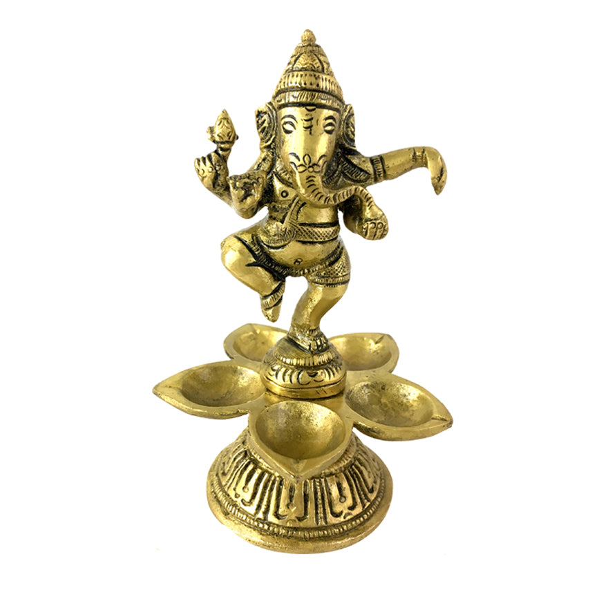 Brass Ganesha Design Five Oil Wick Diya