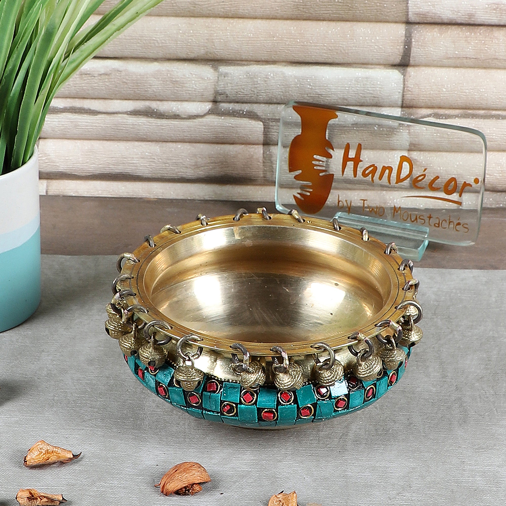 Gemstone Work Brass Urli Ethnic Traditional Bowl with Bells