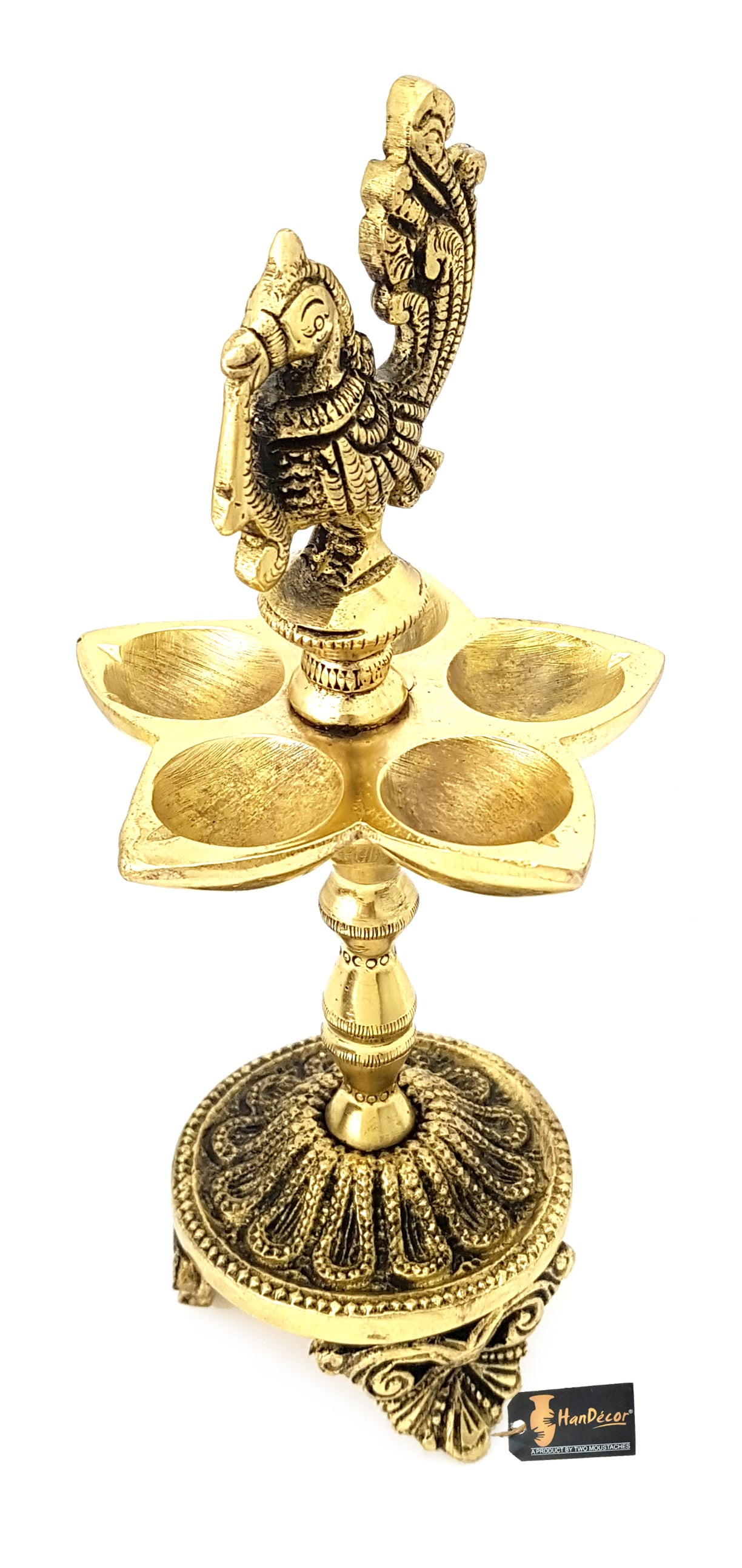 Brass Handmade Peacock Over Ethnic Carved Legs Five Oil Wick Diya