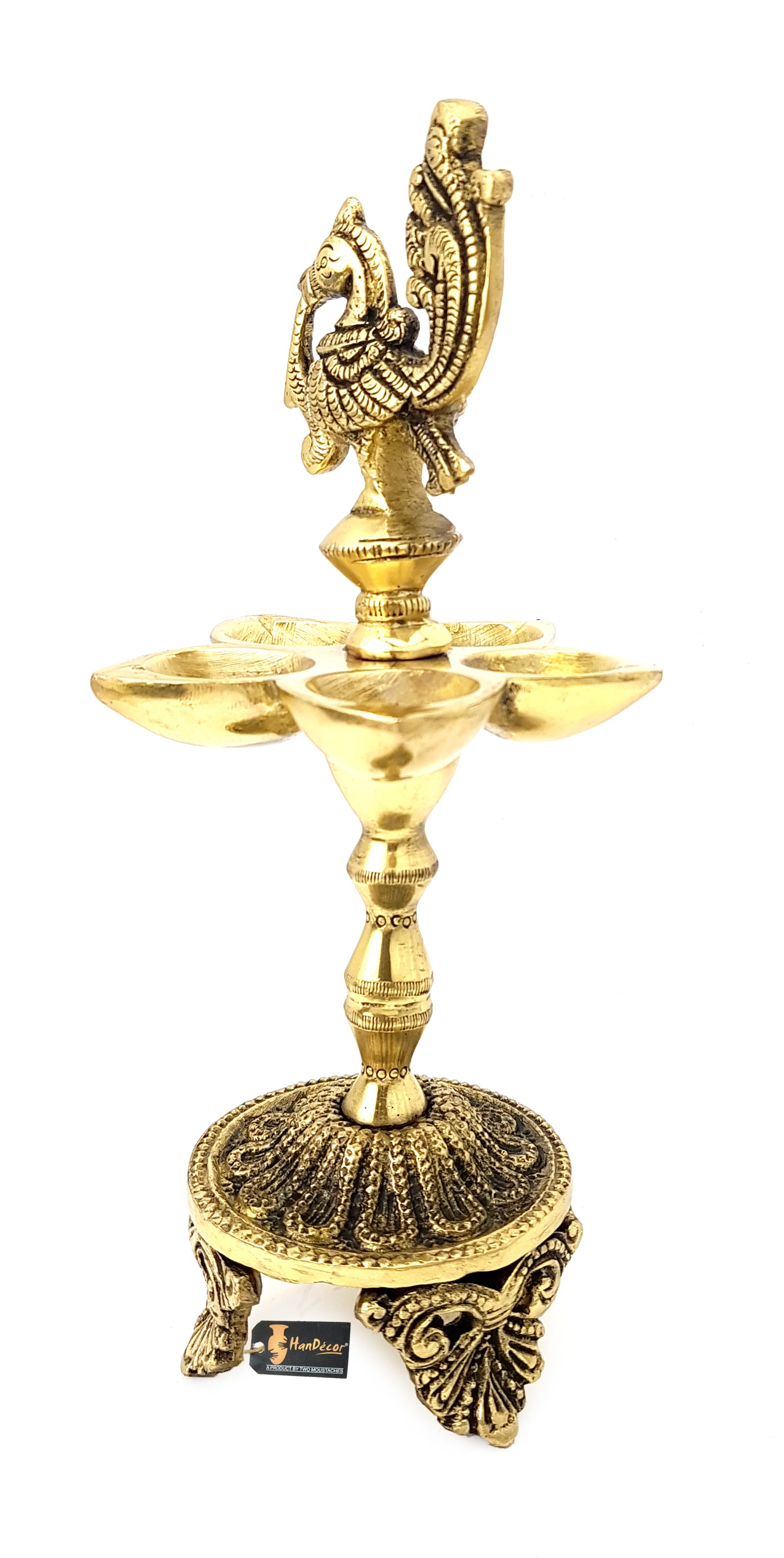 Brass Handmade Peacock Over Ethnic Carved Legs Five Oil Wick Diya