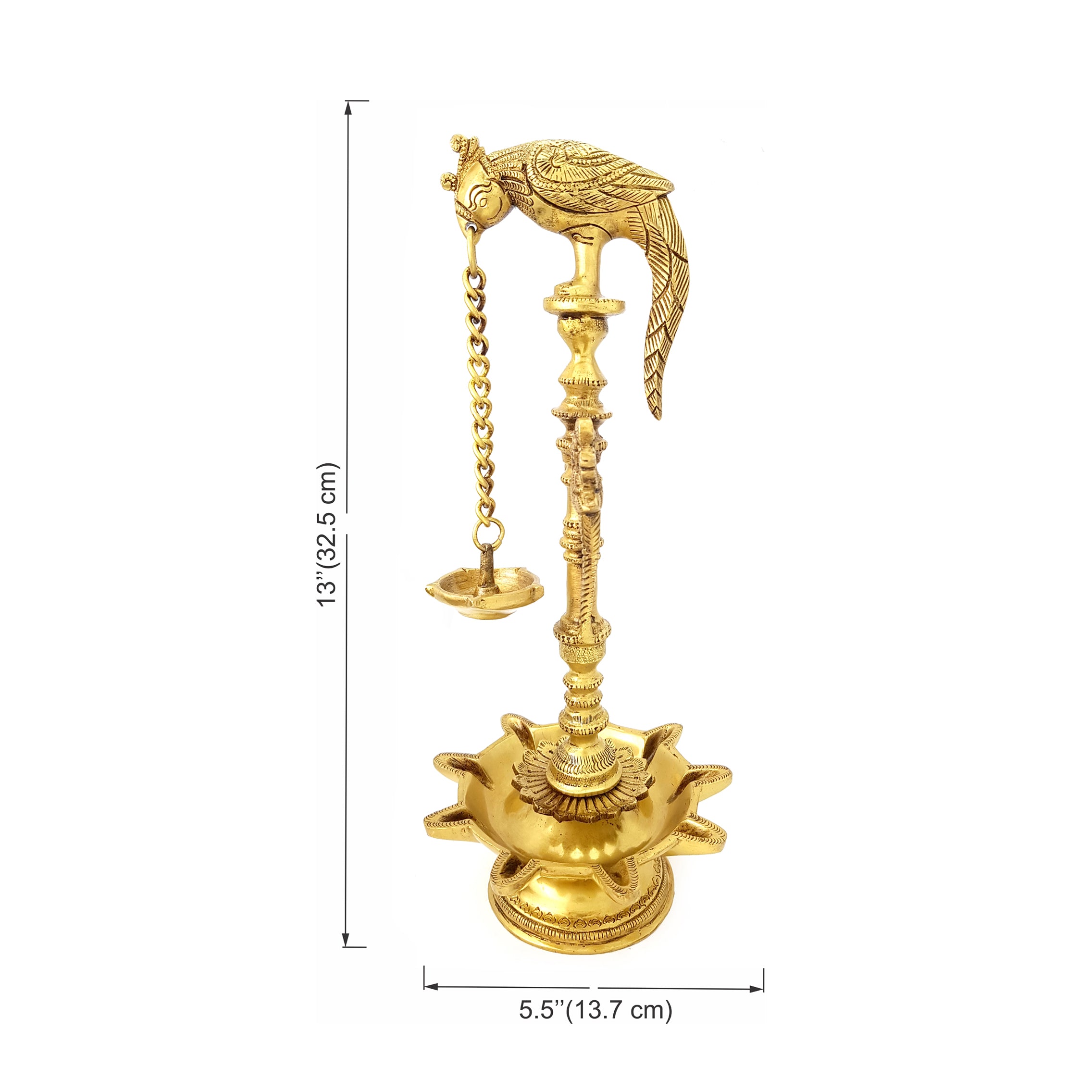 Brass Ethnic Design Parrot Holding Deepak with 9 Oil Wick Diya Base, Golden