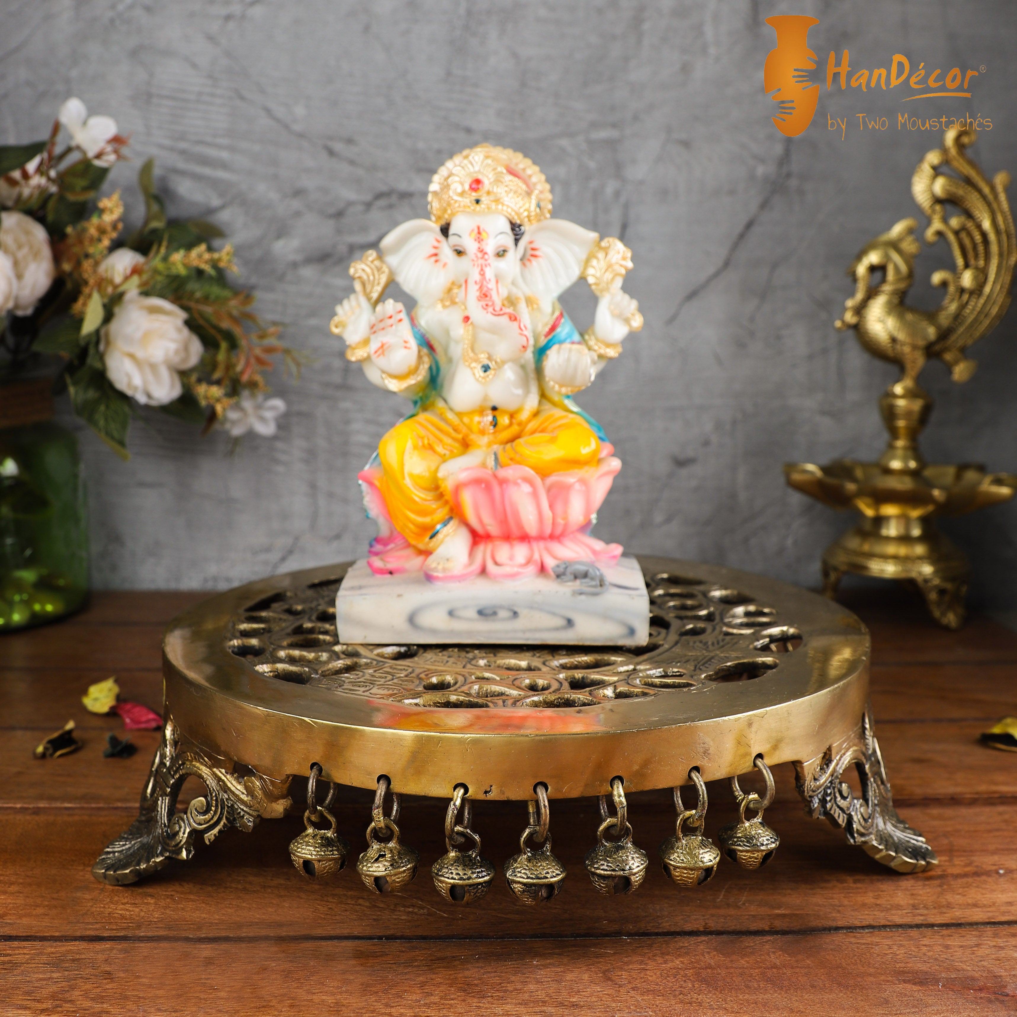 Brass Ethnic Pillar Design Handcrafted 10 Inches Round Pooja Chowki, Antique White
