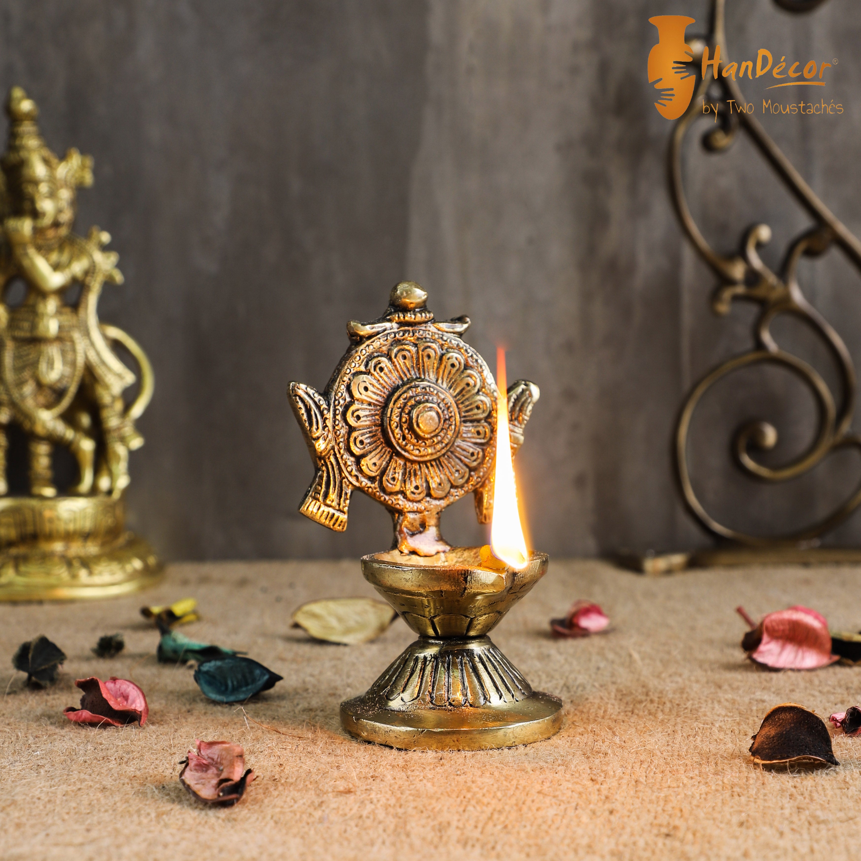 Brass 4.5 Inches Shankh Chakra Diya Pair, Antique White