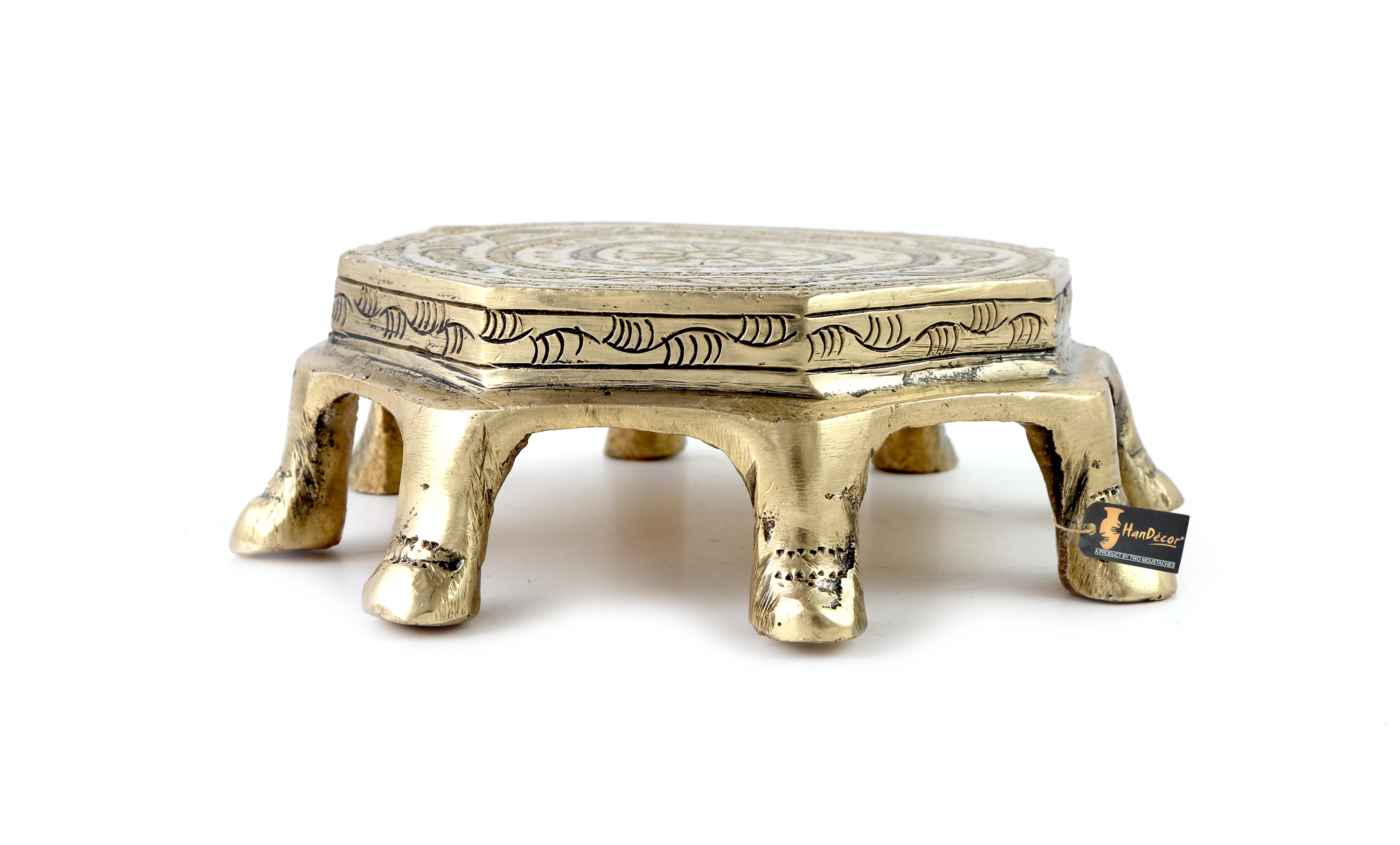 Brass Ethnic Design Round Chowki Over 8 Legs, Antique White