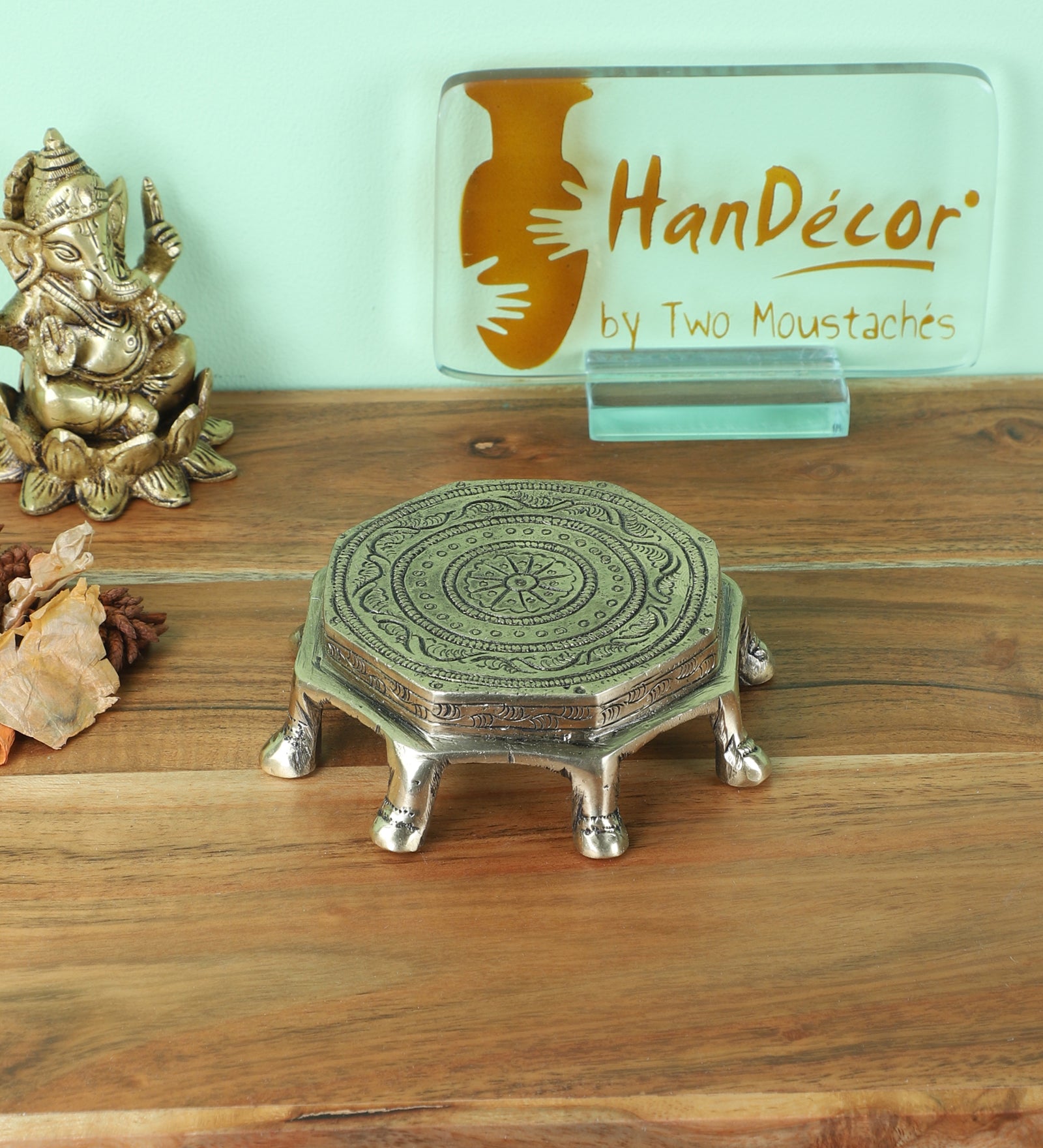 Brass Ethnic Design Round Chowki Over 8 Legs, Antique White