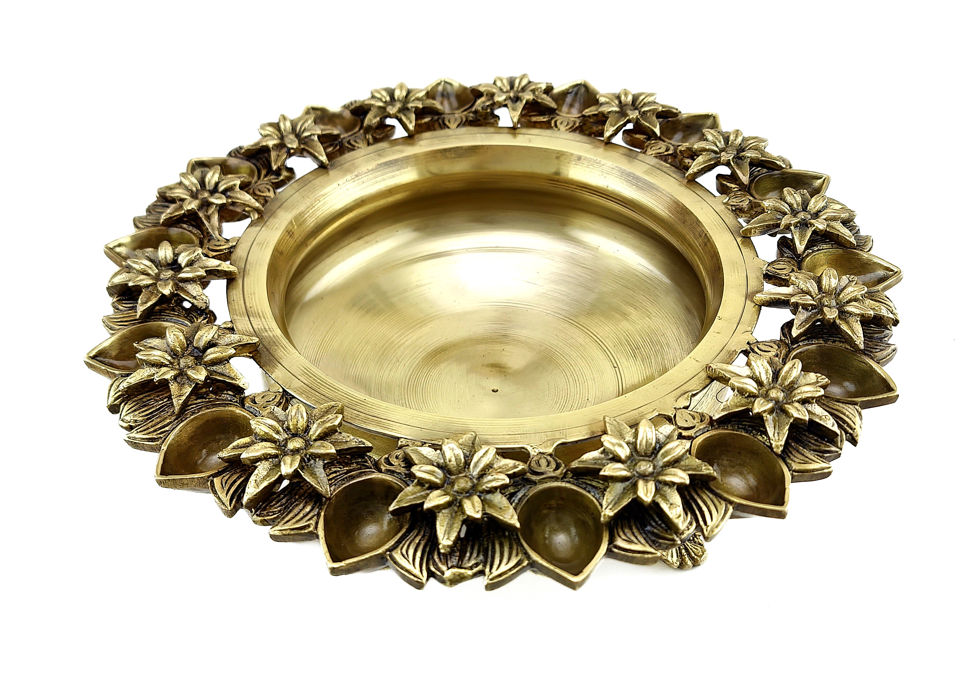 Brass 12 Inches Lotus Flower Design Urli Showpiece with 14 Diyas