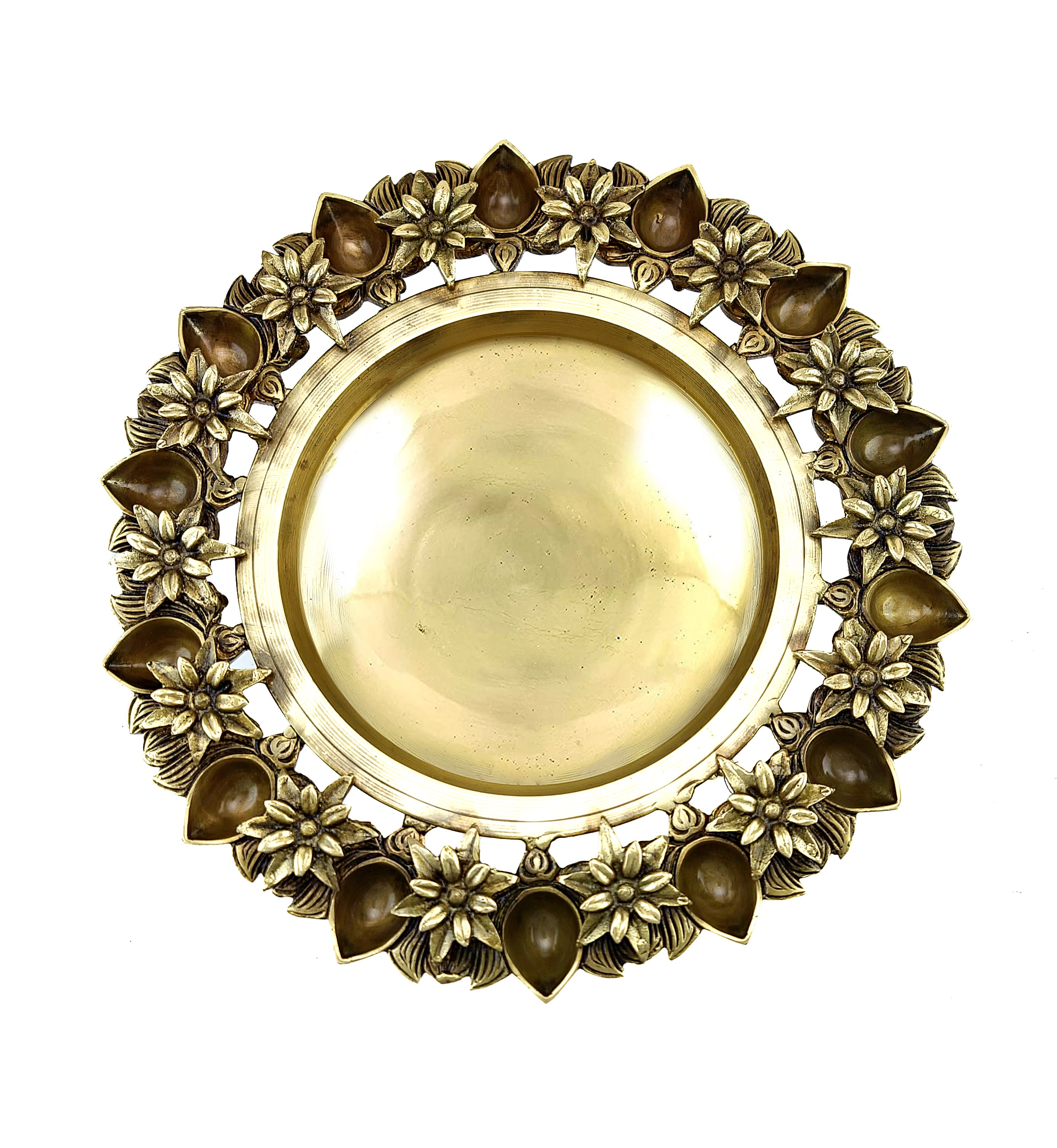 Brass 12 Inches Lotus Flower Design Urli Showpiece with 14 Diyas