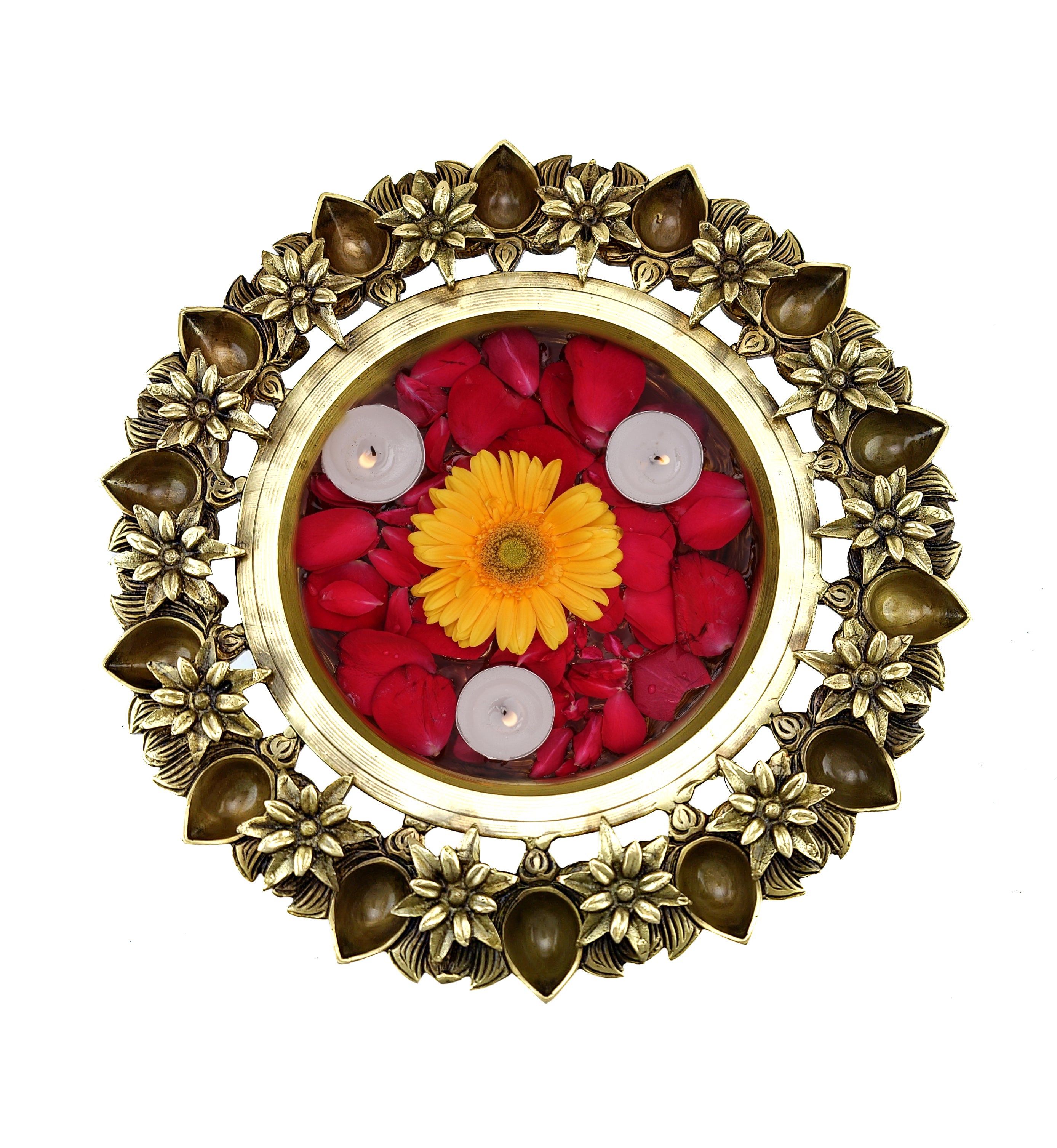 Brass 12 Inches Lotus Flower Design Urli Showpiece with 14 Diyas
