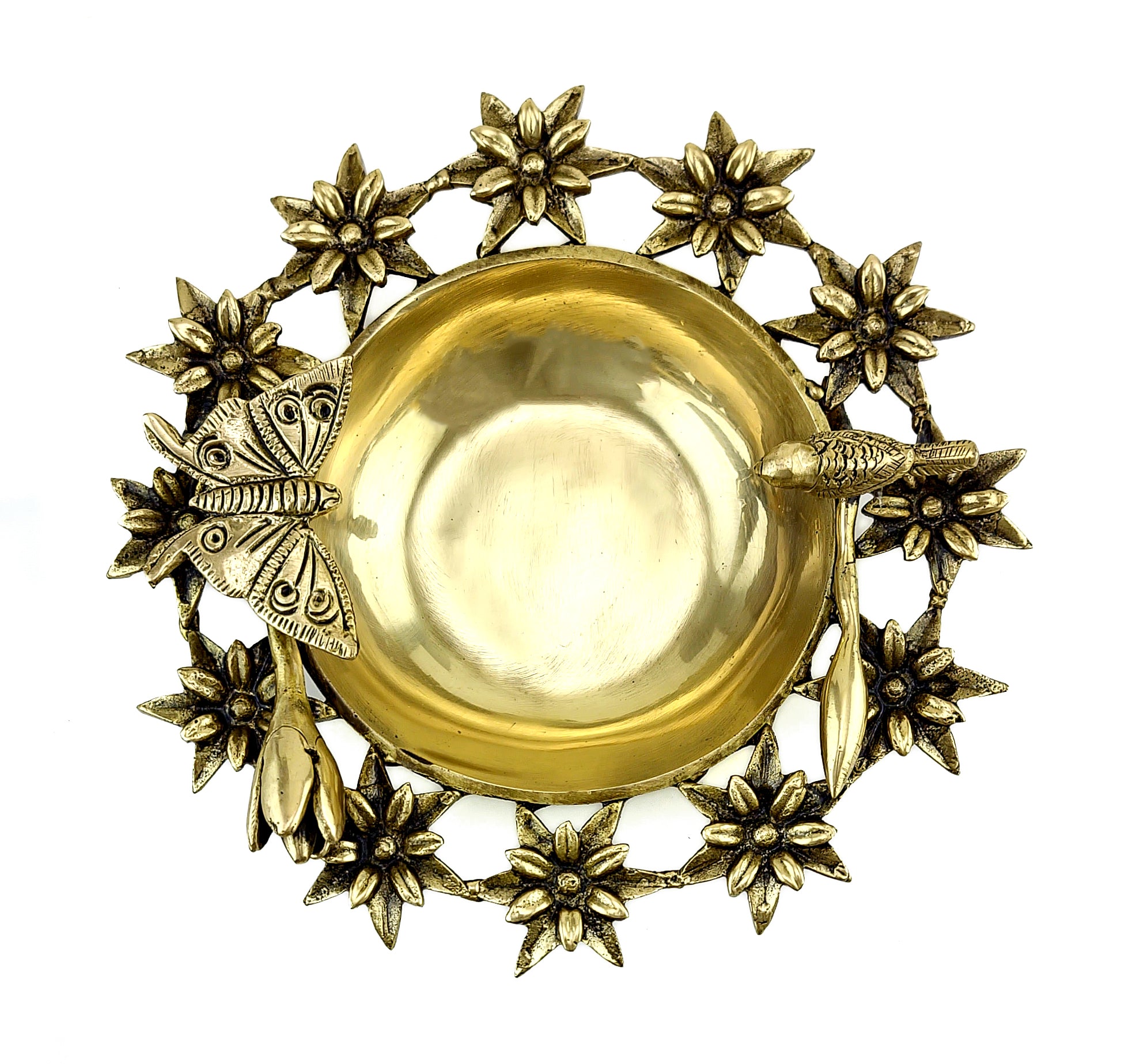 Brass Traditional Flowers Bird and Butterfly Style Urli Bowl, Brass Urli for Home Decor