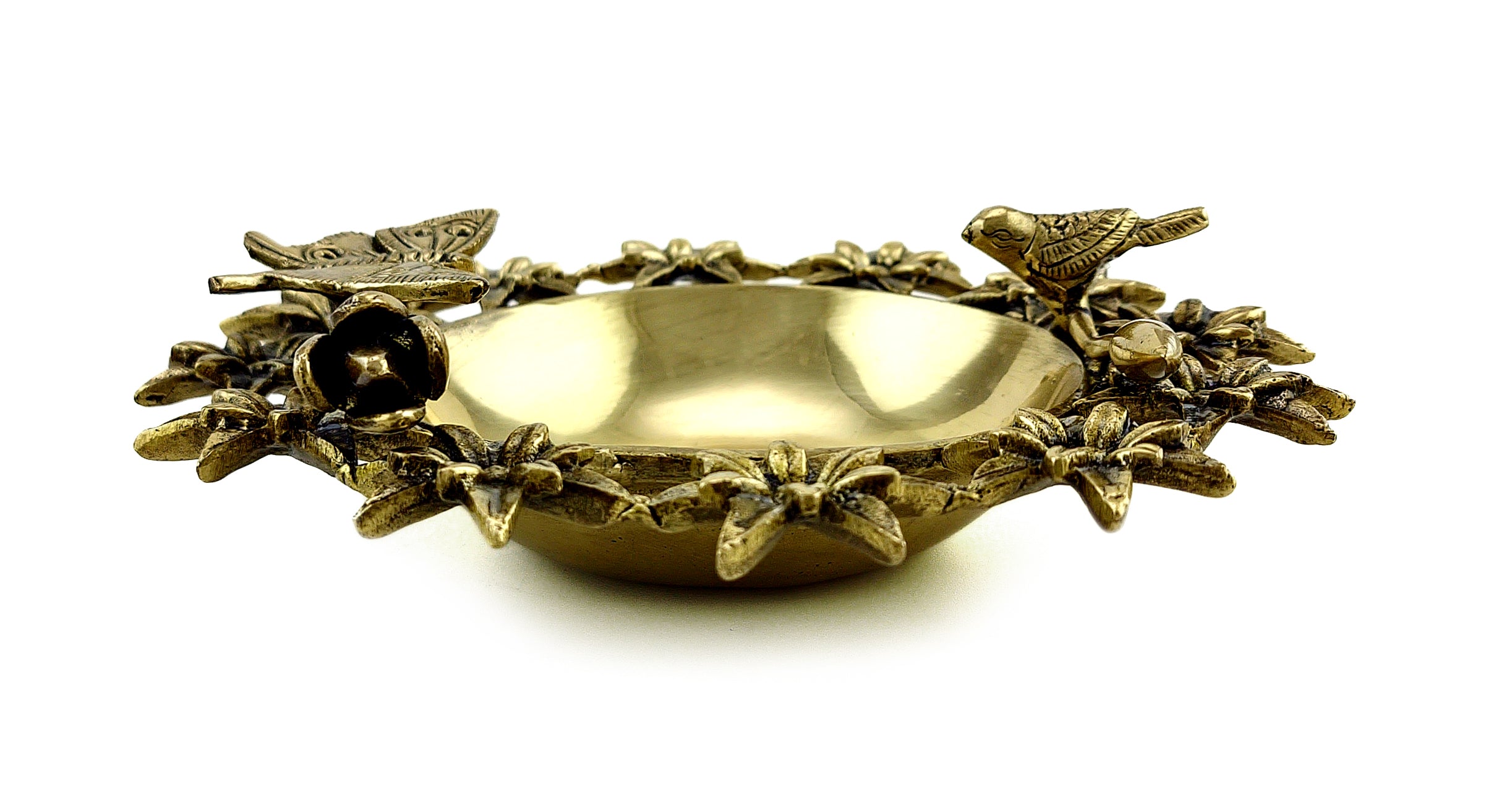 Brass Traditional Flowers Bird and Butterfly Style Urli Bowl, Brass Urli for Home Decor