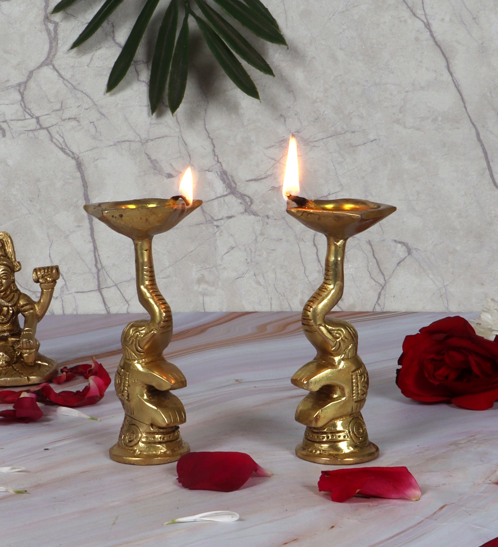 Brass 4 Inches Diya Pair Over Elephant Trunk , Brass Decorative Oil Lamps