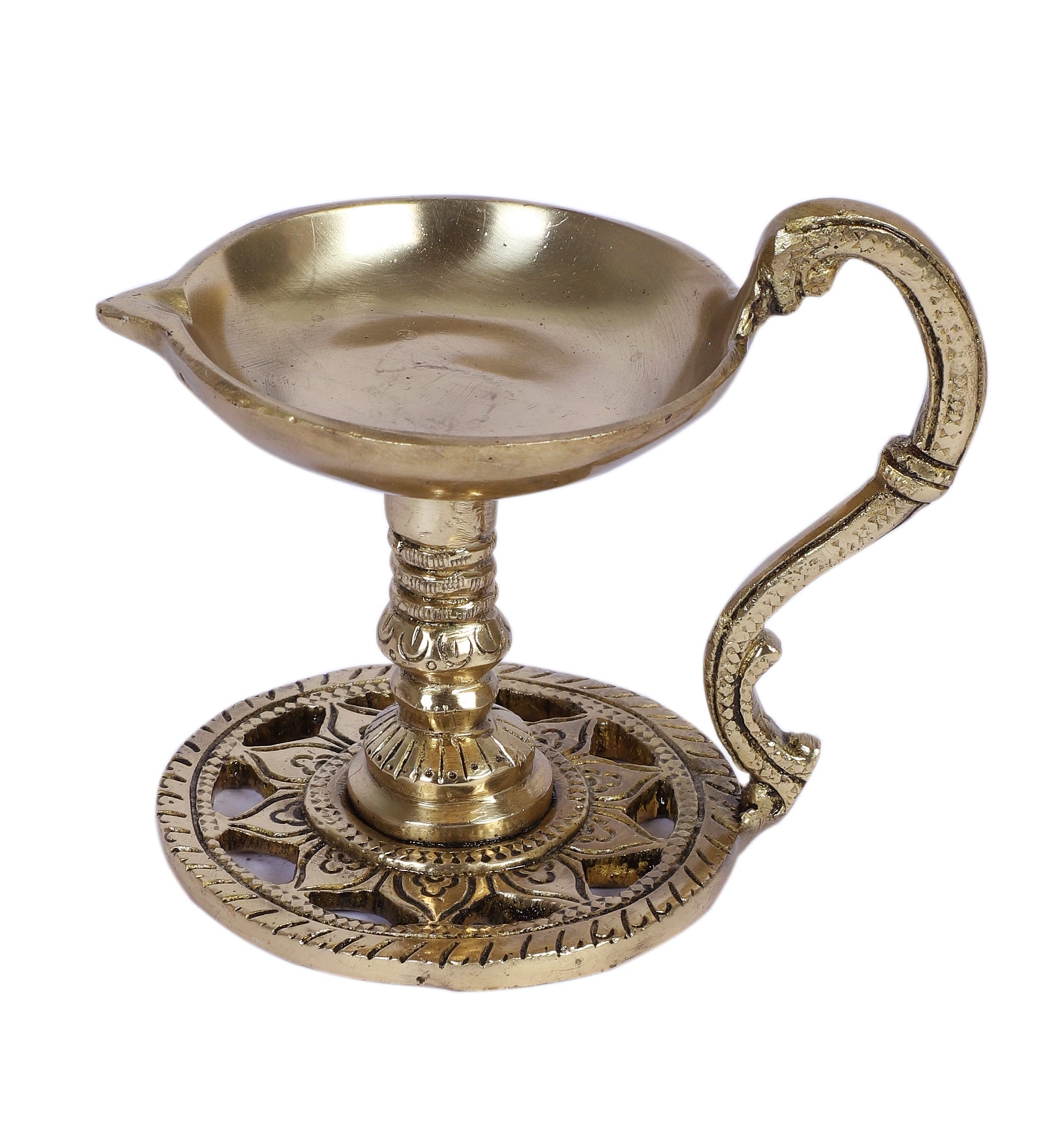 Brass Aarti Diya with Handle , Brass Pooja Deepak for Temple