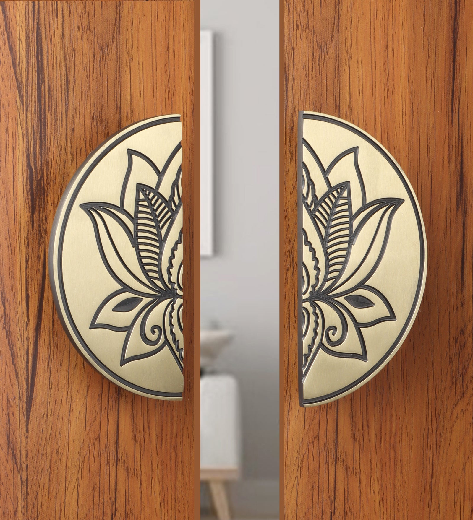 Lotus Flower Design 6 Inches Brass Door Handle Pair, Door Pull Handles for Main Door, Brass Handle Set