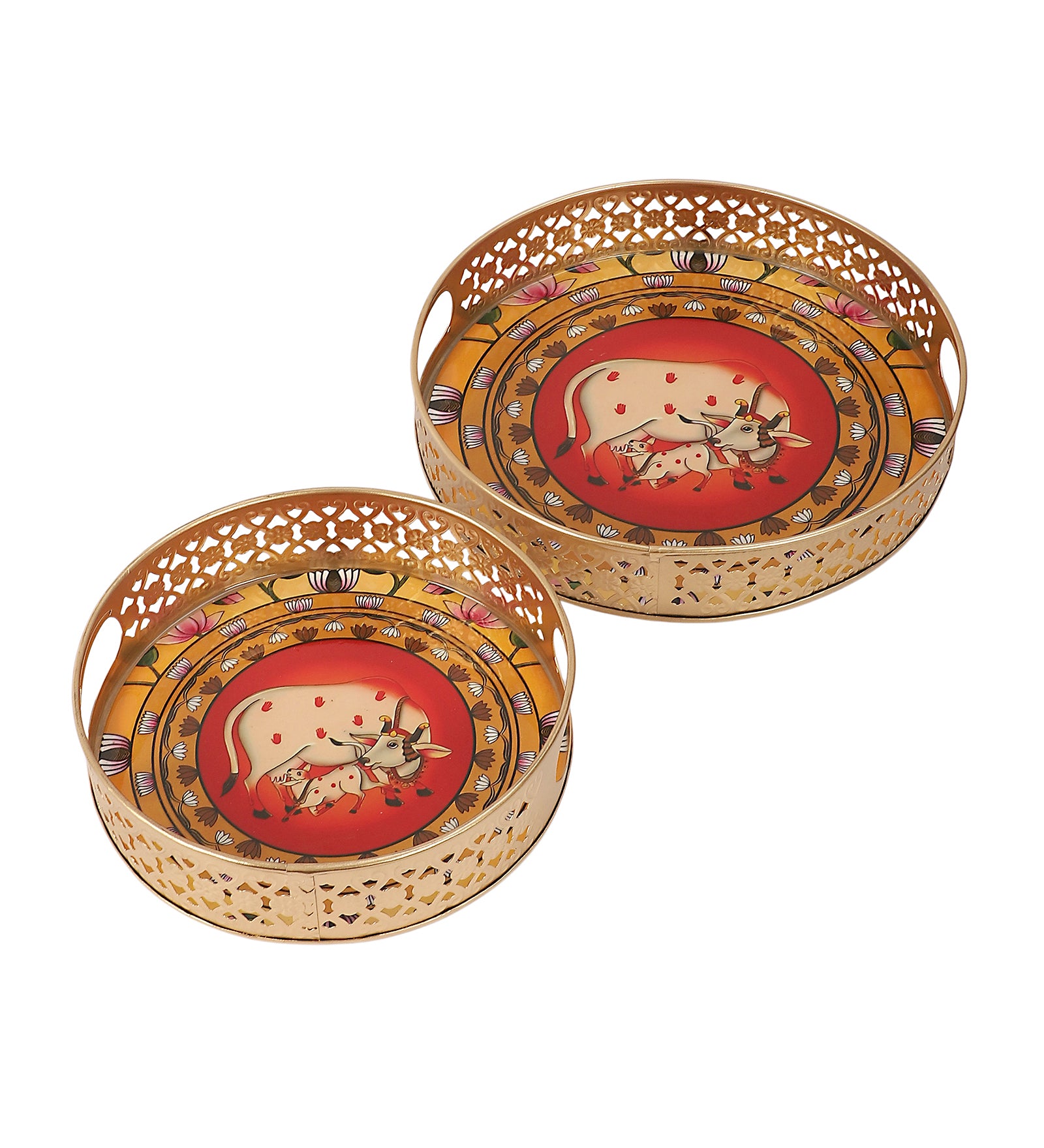 Kamdhenu Cow & Calf with Lotus Design Serving Trays Set (8 Inches & 10 Inches), Serving Plates for Home