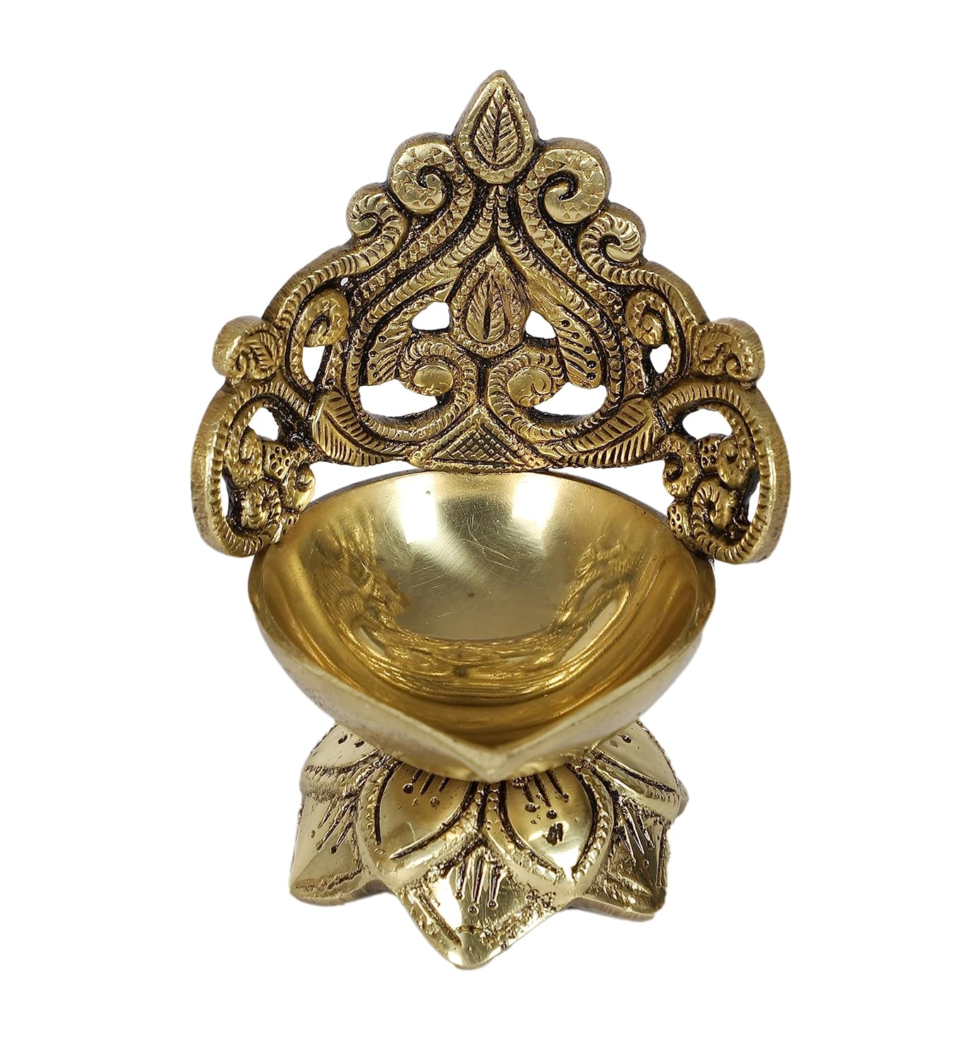Ethnic Carved Floral Design 5 Inches Brass Diya, Brass Diyas for Home Temple