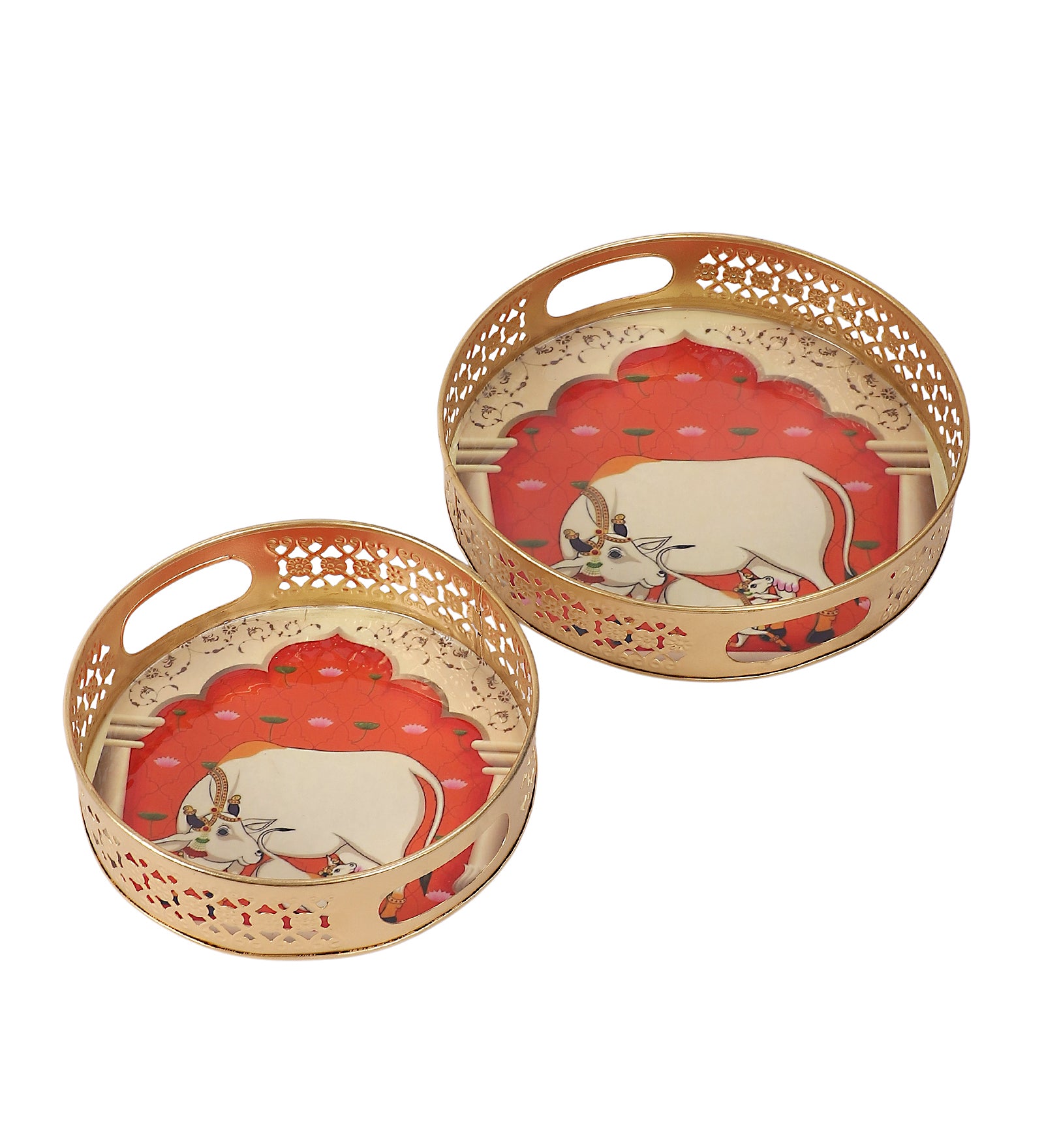 Kamdhenu Cow & Calf in Darbar Design Serving Trays Set (8 Inches & 10 Inches)