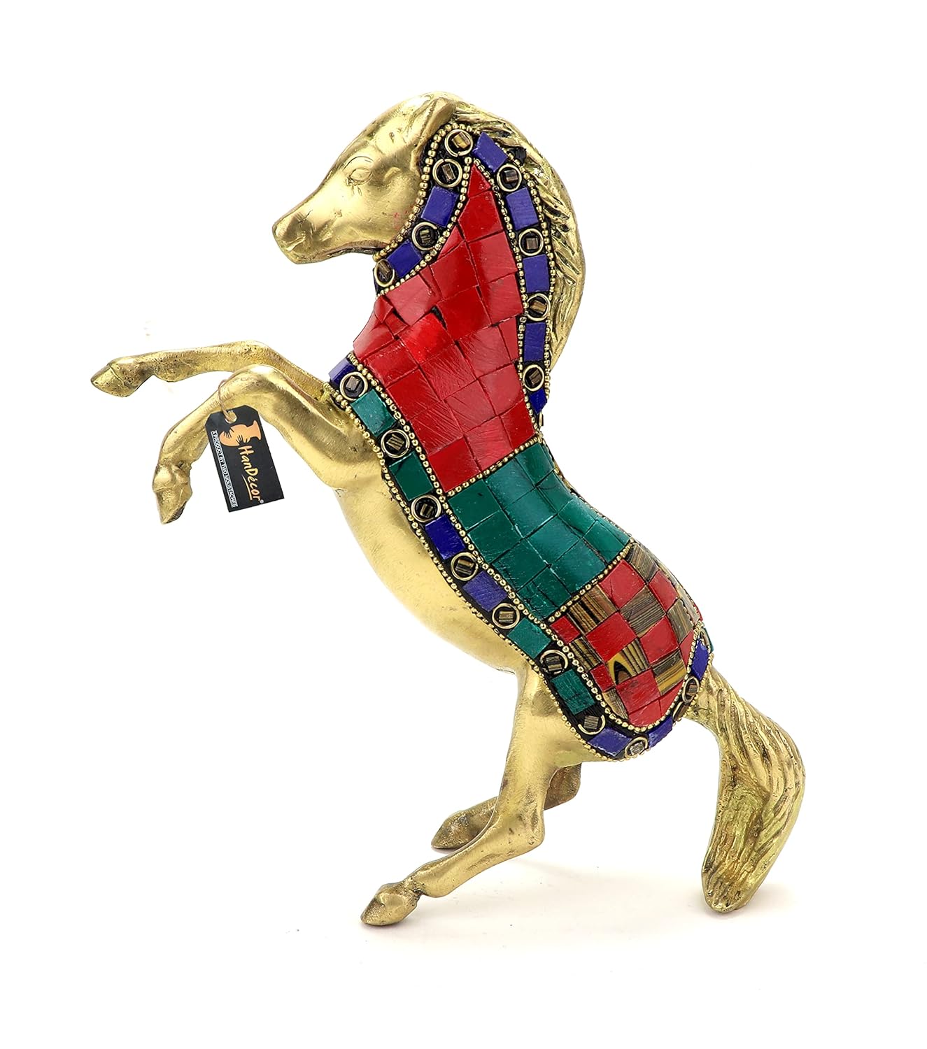 Gemstone Work 7.5 Inches Horse Uplifted Legs Brass Decorative Showpiece, Standard