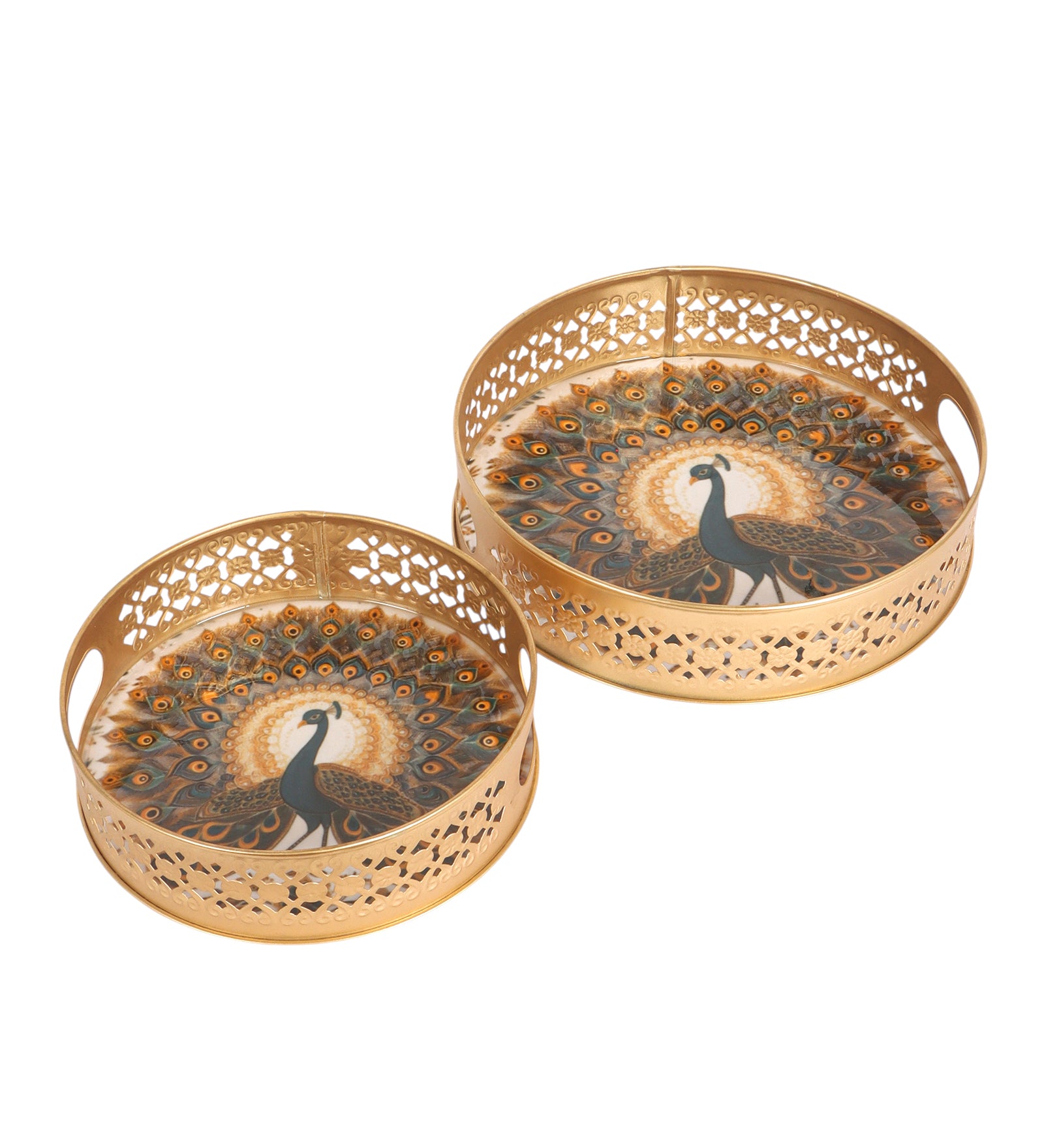 Dancing Peacock Design Serving Trays Set (8 Inches & 10 Inches), Serving Plates for Home, Platters for Tea/Coffee/Snacks, Decorative Pichwai Tray