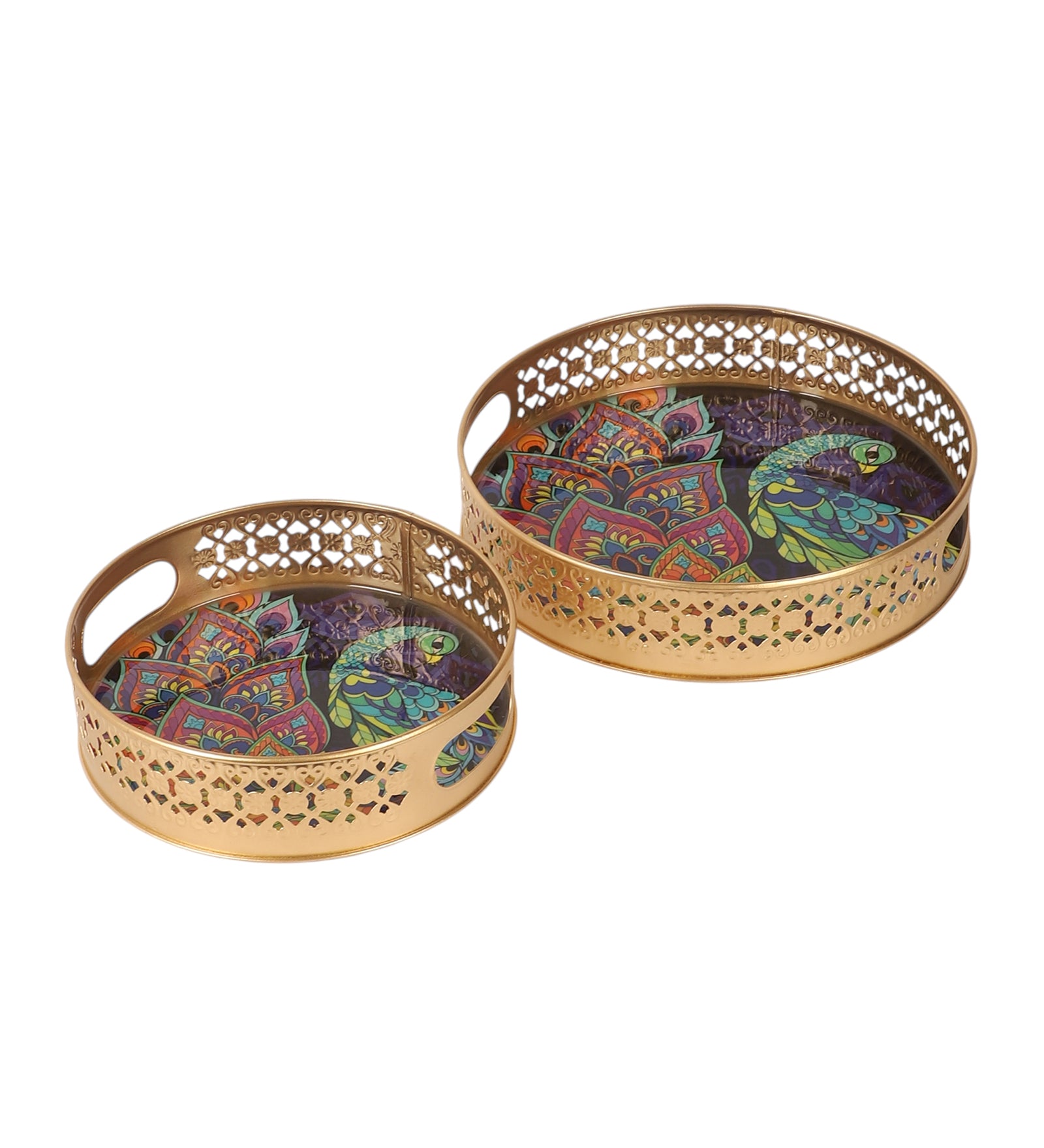 Ethnic Indian Peacock Design Serving Trays Set (8 Inches & 10 Inches), Plates for Home