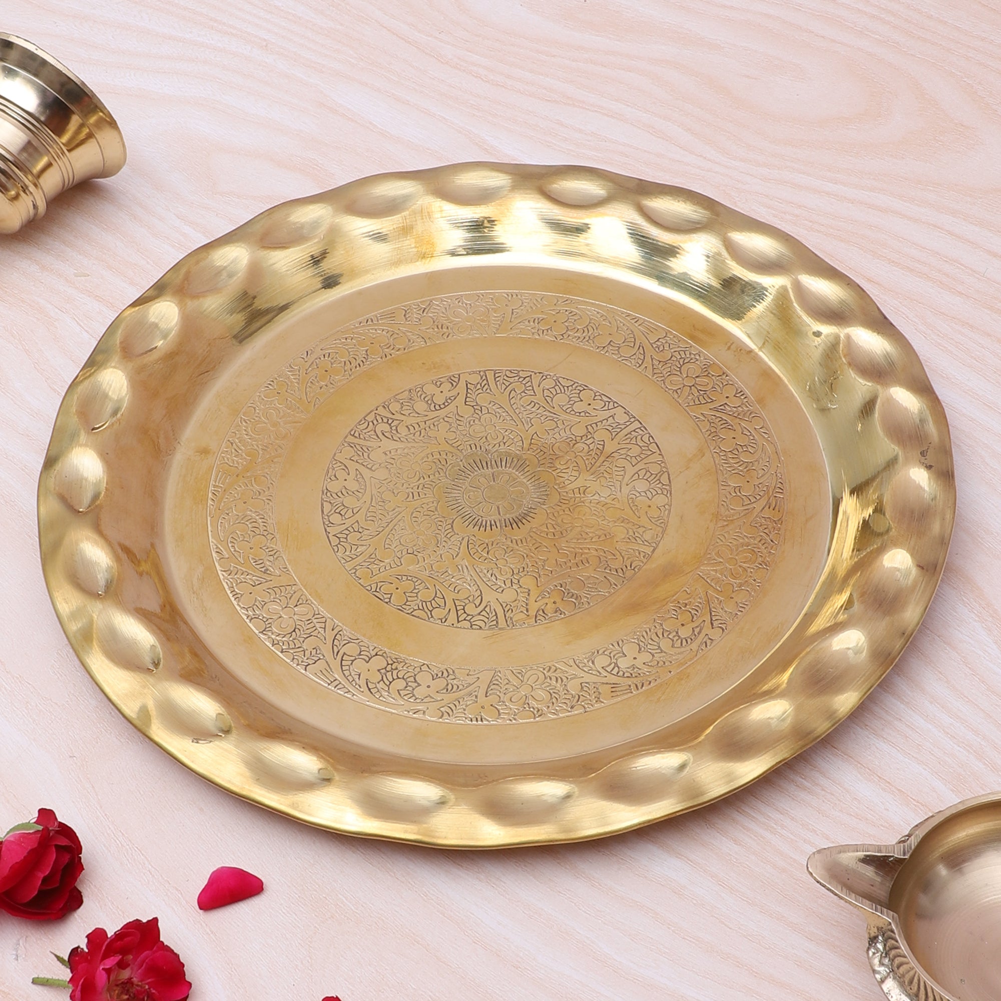 Brass 10 Inches Floral Carved Design Pooja Thali, Pooja Thali for Home Temple