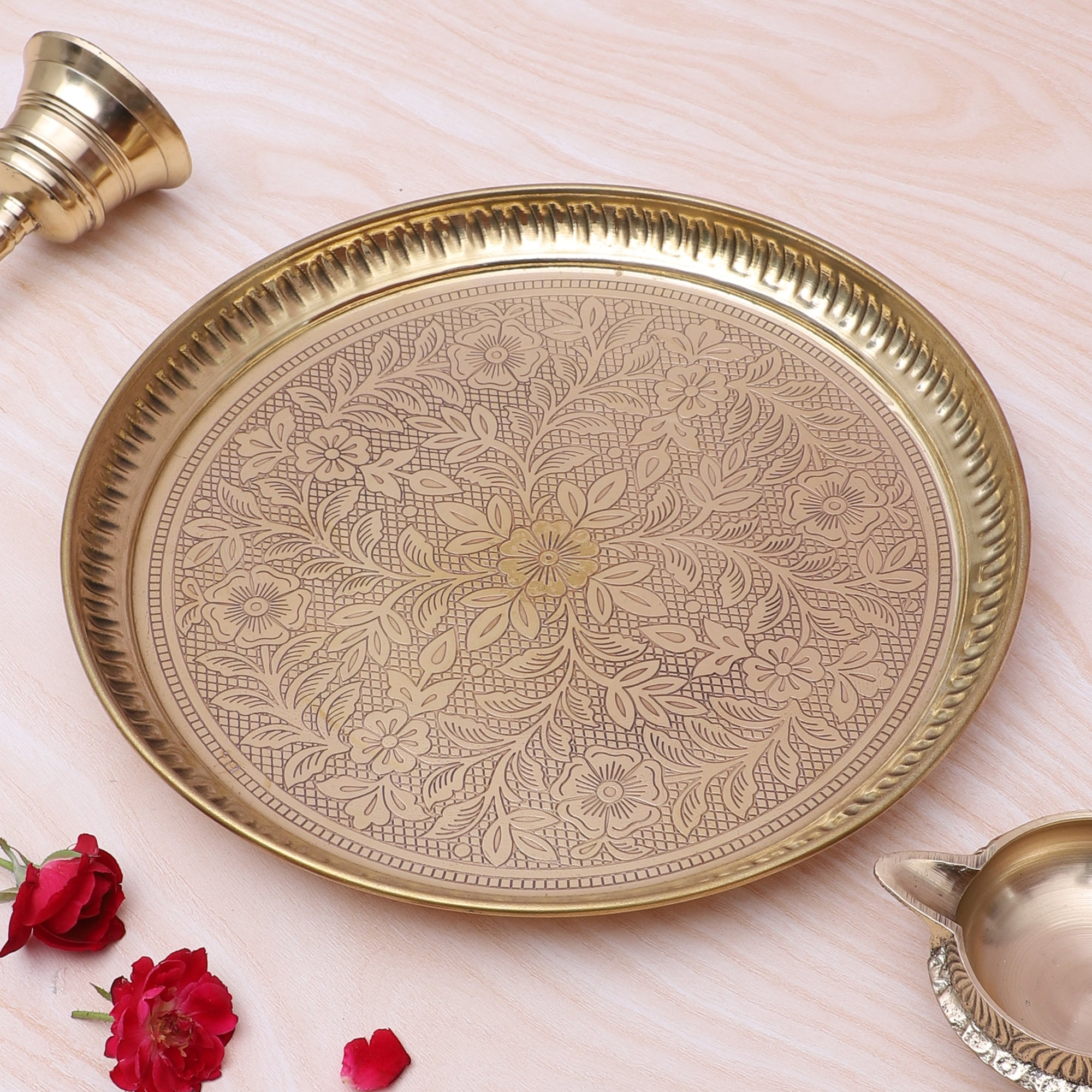 Brass 10 Inches Flowers Carved Puja Thali, Pooja Aarti Thali for Home Temple