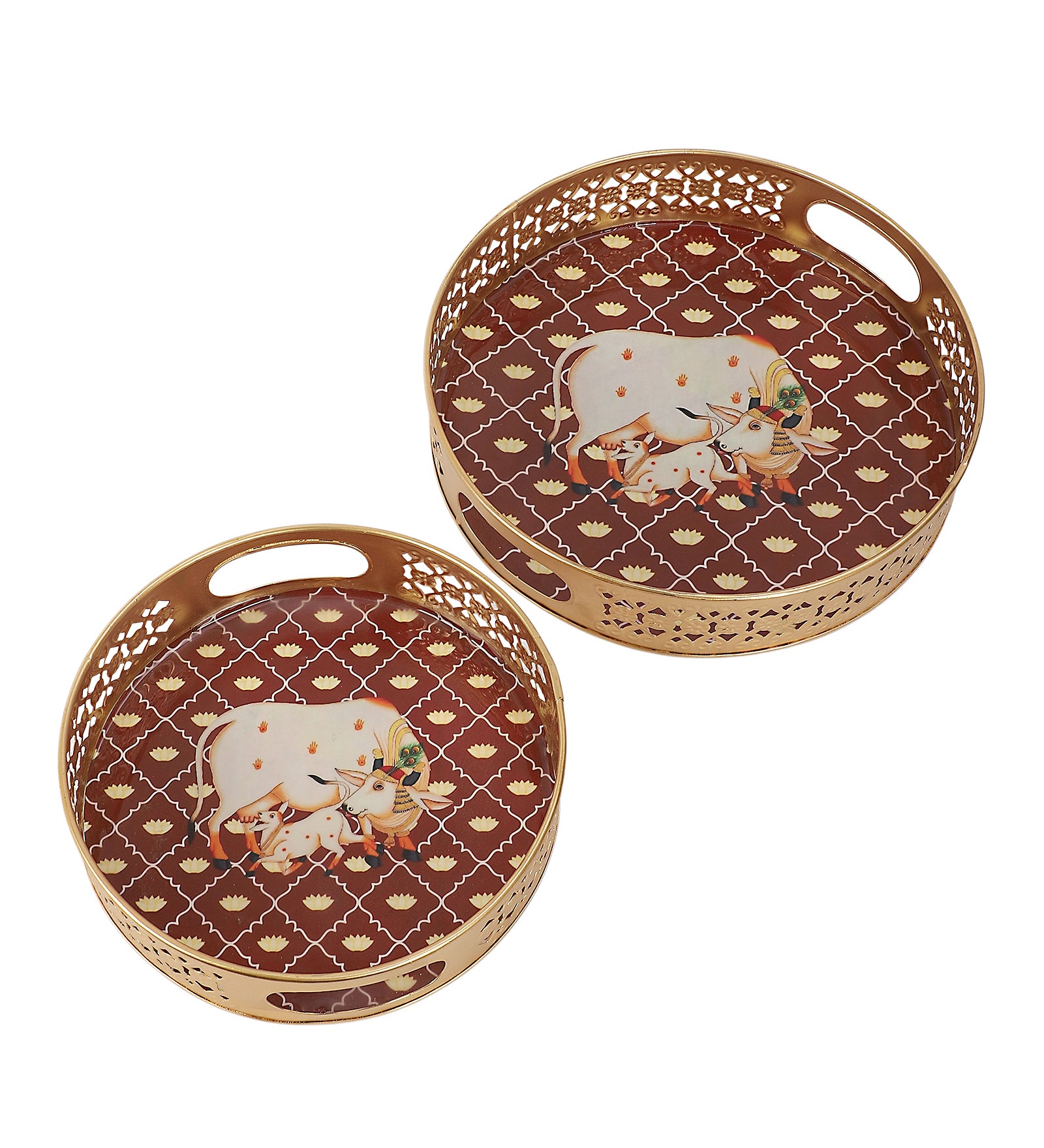 Kamdhenu Cow with Calf Design Serving Trays Set (8 Inches & 10 Inches), Serving Plates for Home