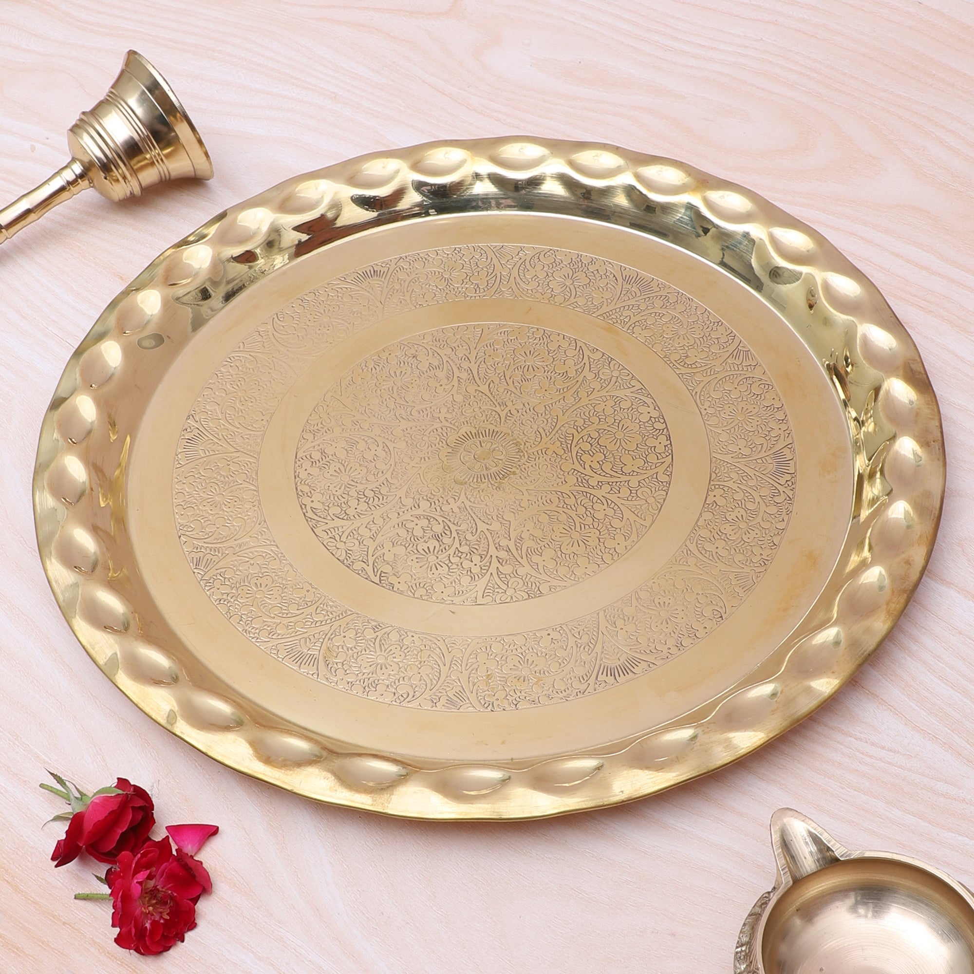 Brass 13 Inches Floral Carved Design Pooja Thali, Pooja Thali for Home Temple