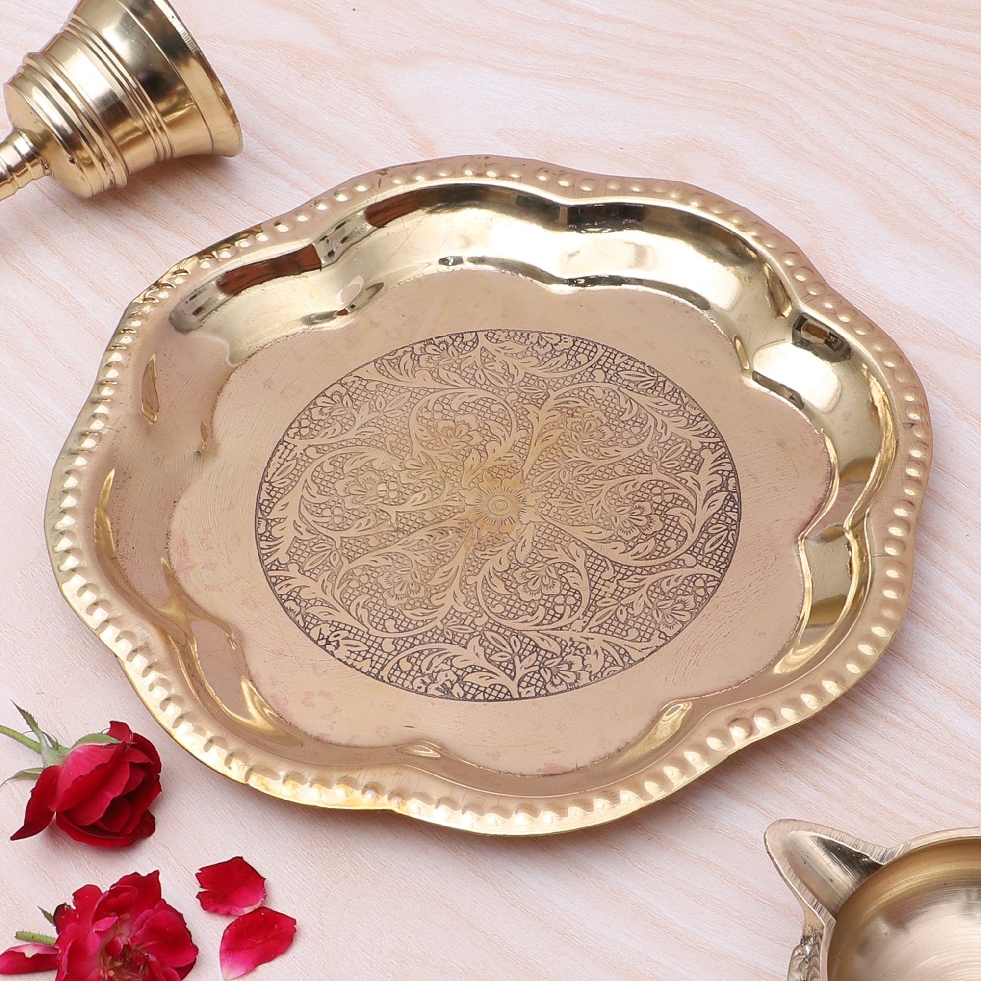 Brass 8 Inches Ethnic Carved Puja Thali, Traditional Pooja Aarti Thali for Home Temple