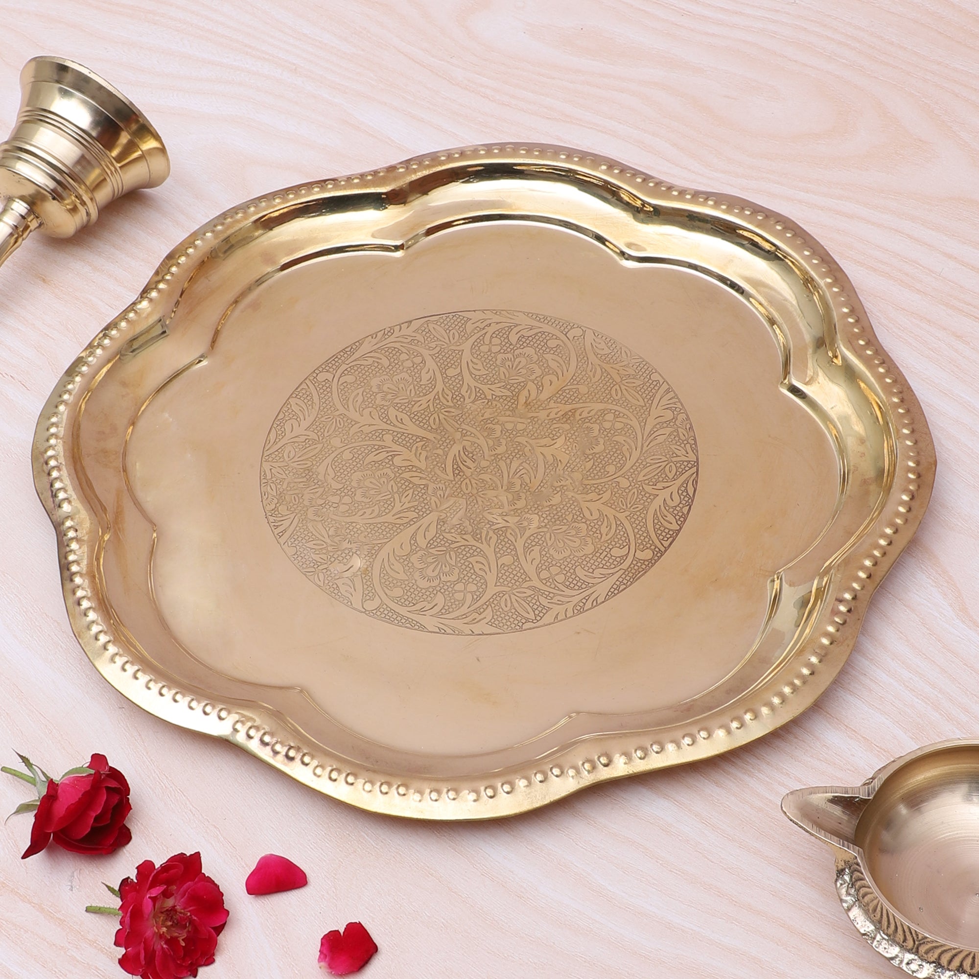 Brass 11 Inches Ethnic Carved Puja Thali, Traditional Pooja Aarti Thali for Home Temple