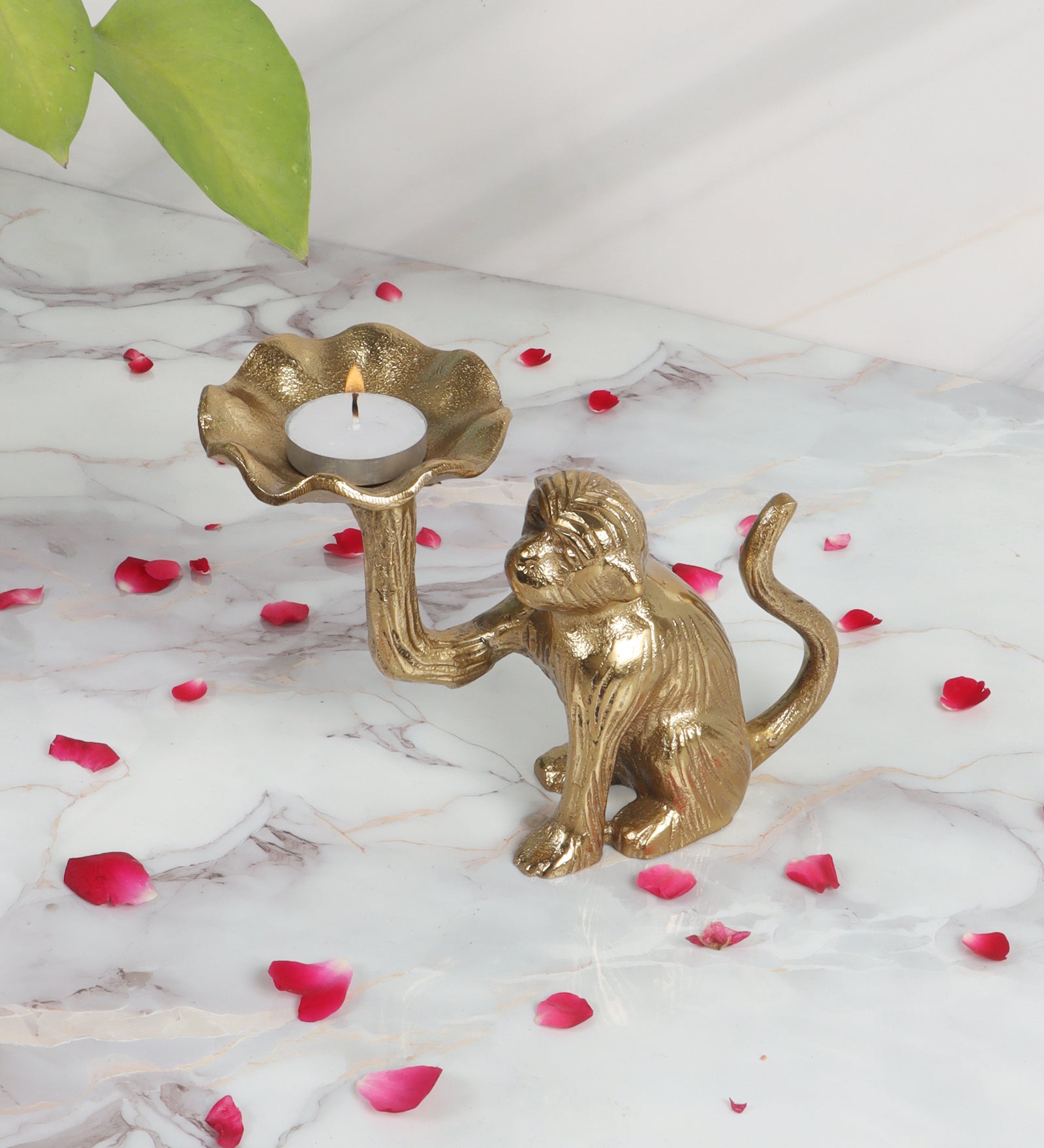 Metal Monkey Holding Flower Bowl Tealight Candle Holder, Decorative Showpiece for Home & Living Room