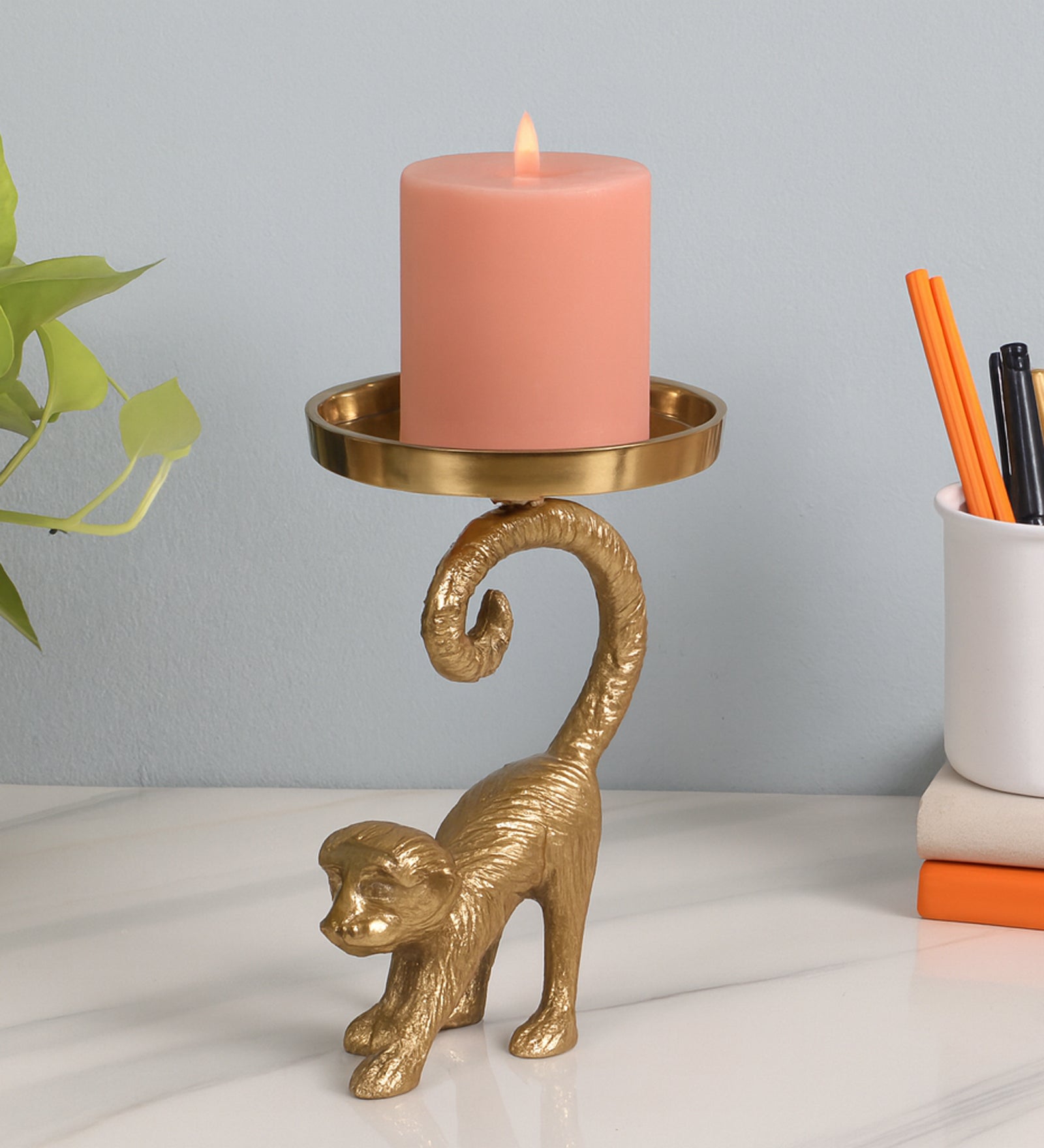 Aluminum Finish Monkey Candle Holder | Elegant Metal Monkey Tail Tealight Stand | Decorative Candle Stand for Home