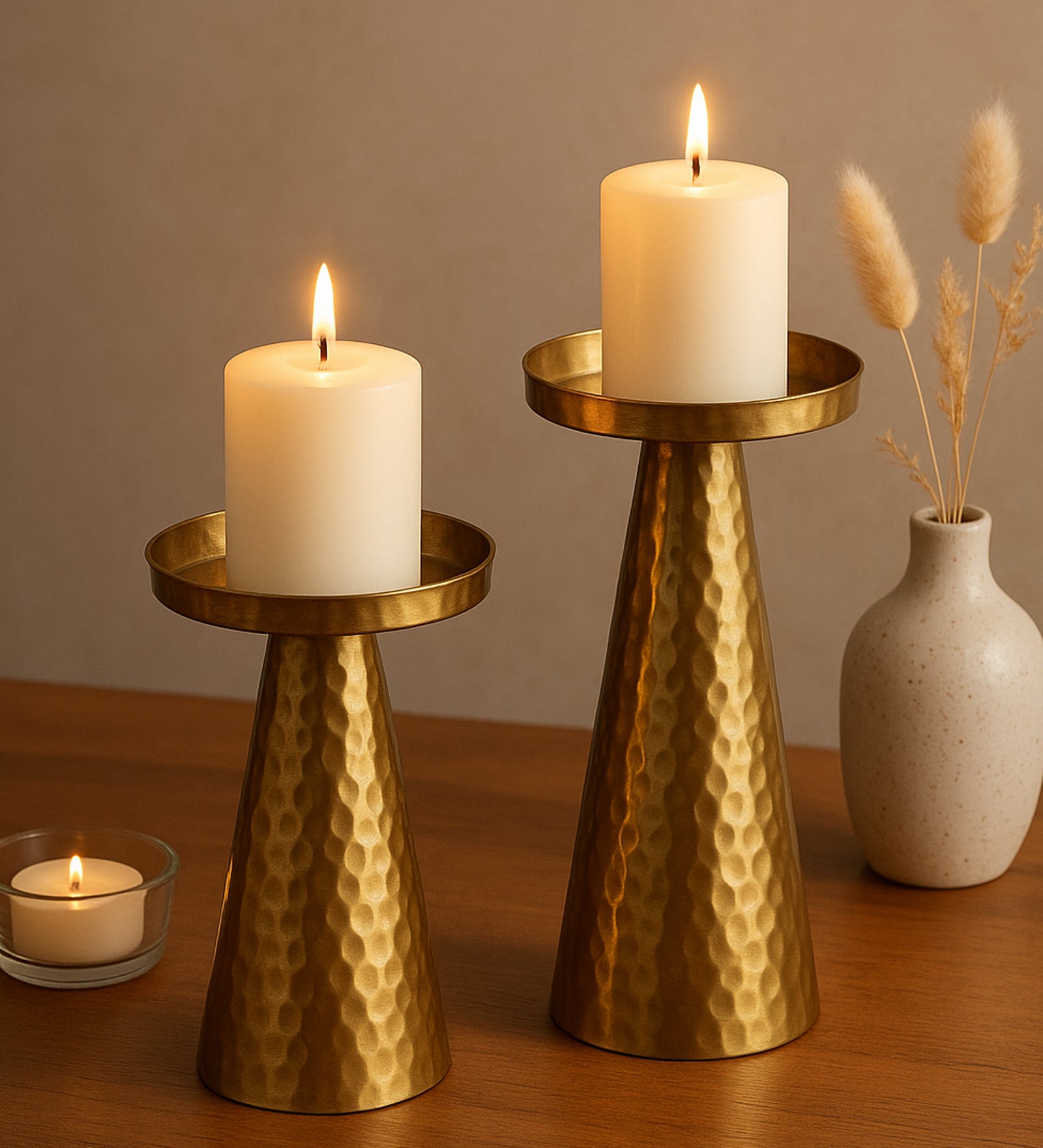 Hammered Metal Pillar Candle Holders Set of 2 | Gold Finish Candle Stand for Home Décor | Iron Tealight & Pillar Candle Stands