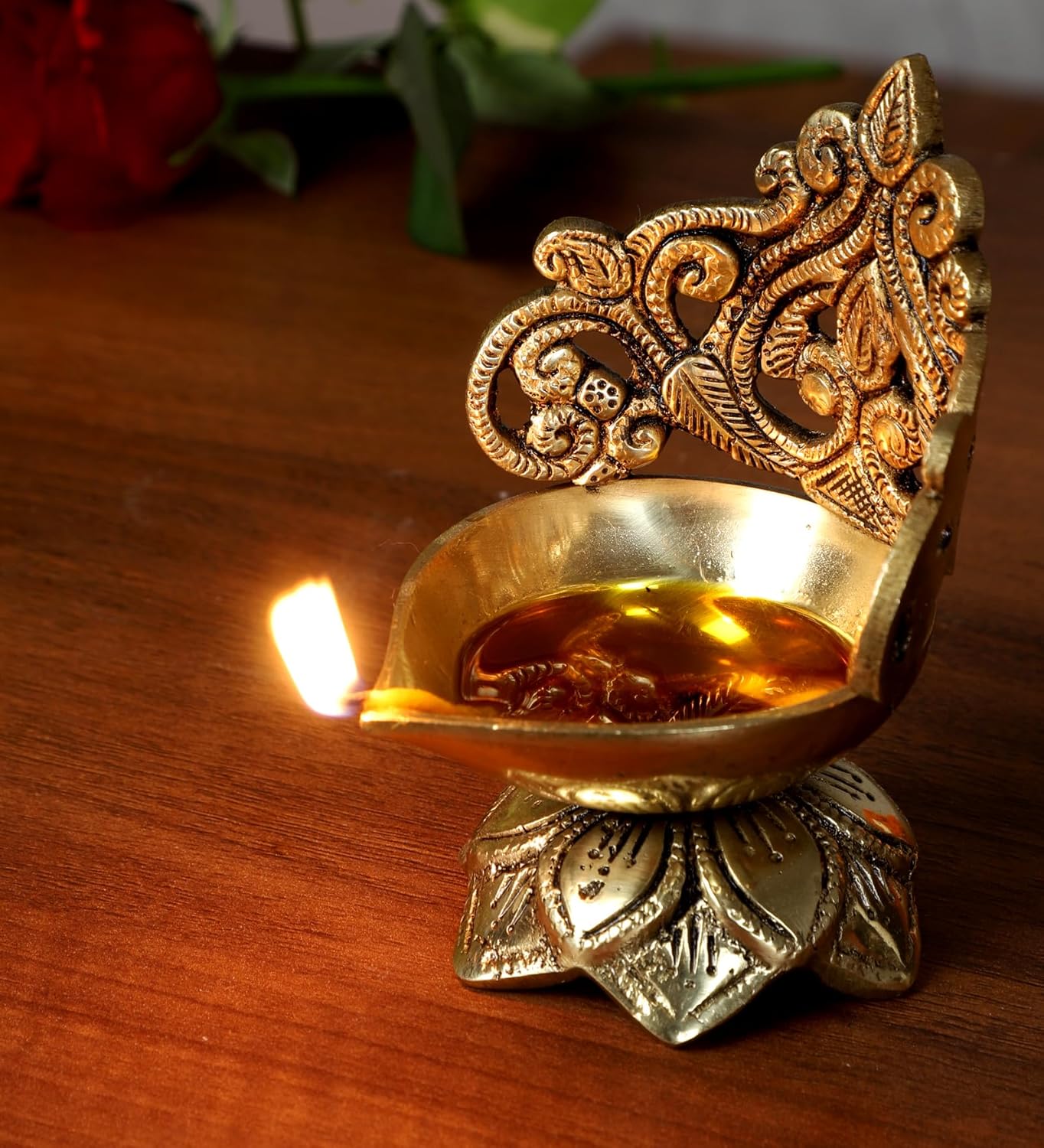 Ethnic Carved Floral Design 5 Inches Brass Diya, Brass Diyas for Home Temple