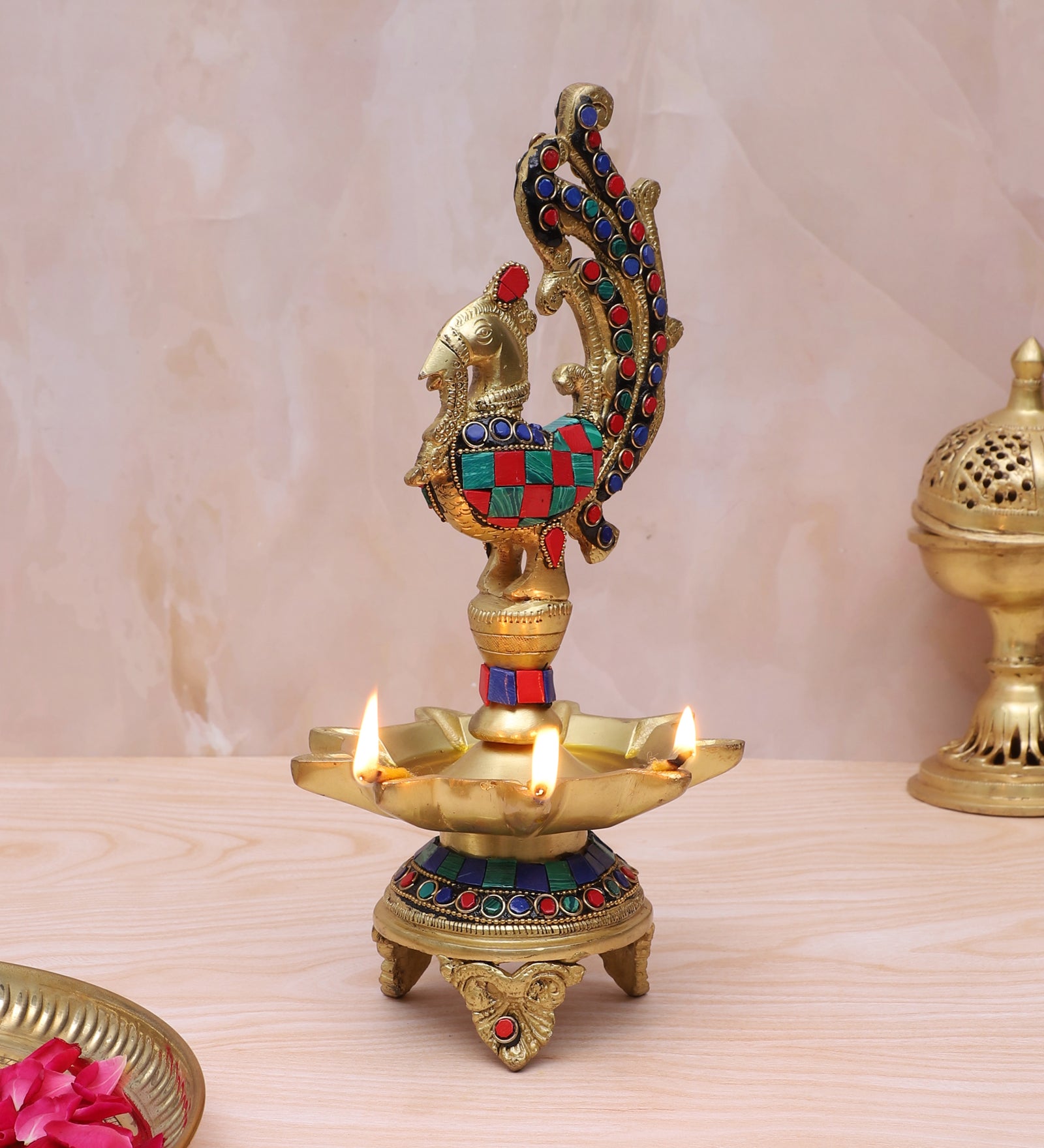 Brass Gemstone Work Peacock Design 5 Oil Wick Diya , Brass Diya for Home Decor