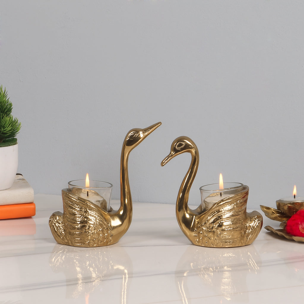 Kissing Swan Pair Showpiece, Aluminum Tealight Candle Holders, Golden Swan Showpiece for Living Room, Housewarming Gifts, Diwali