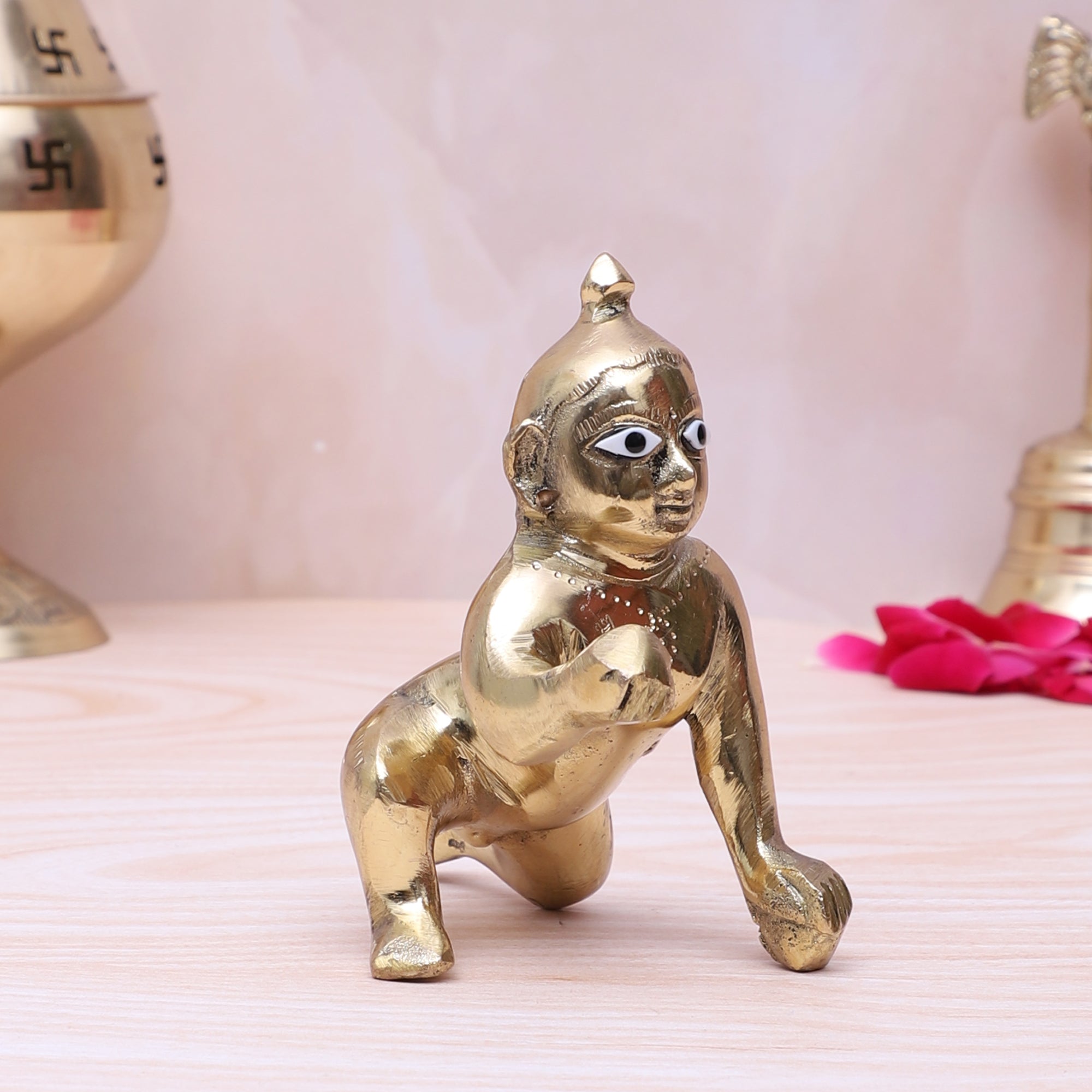 Brass 4 Inches Laddu Gopal Krishna Idol, Brass Laddoo Gopal Statue for Krishna Janmashtami