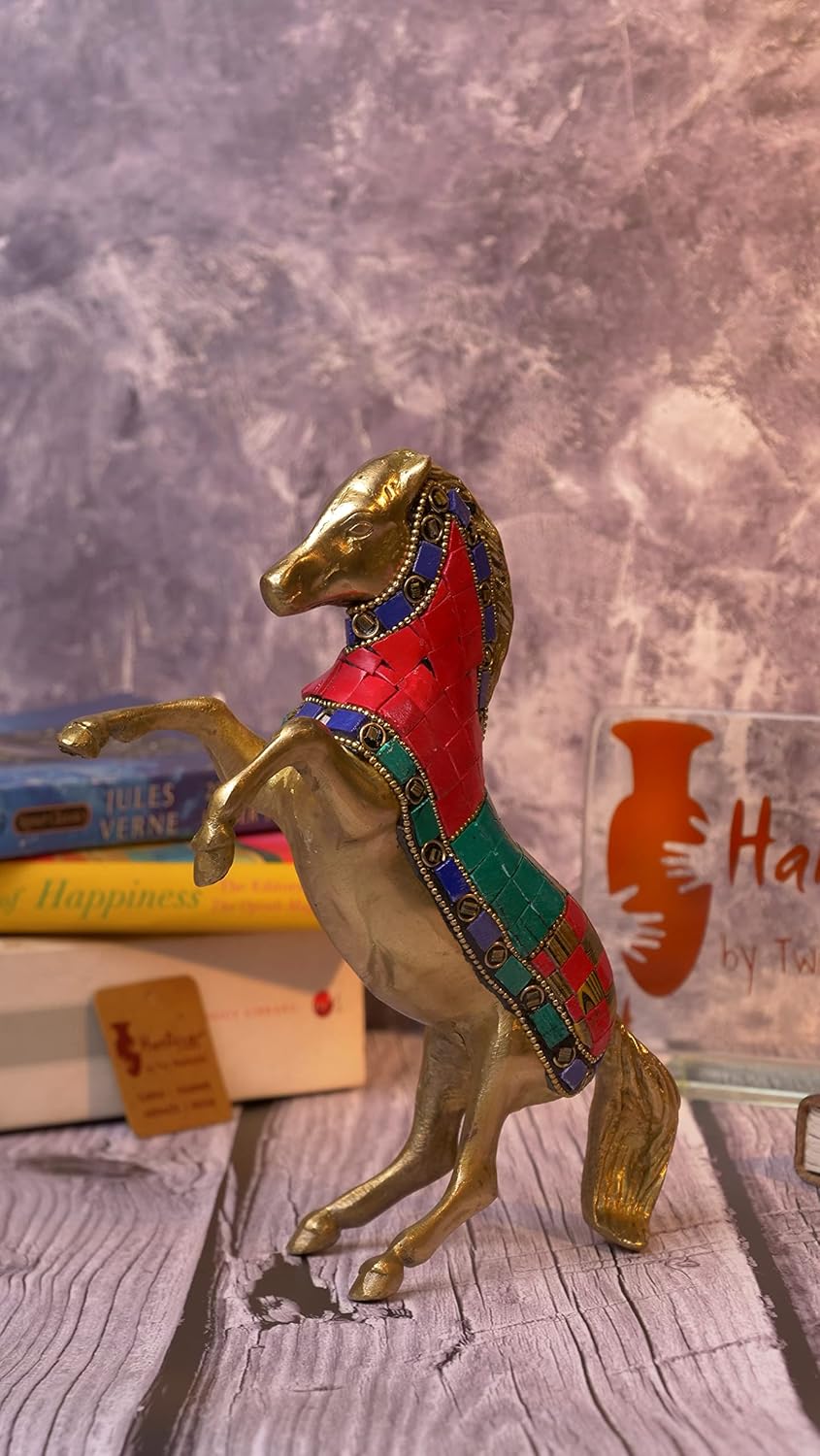 Gemstone Work 7.5 Inches Horse Uplifted Legs Brass Decorative Showpiece, Standard