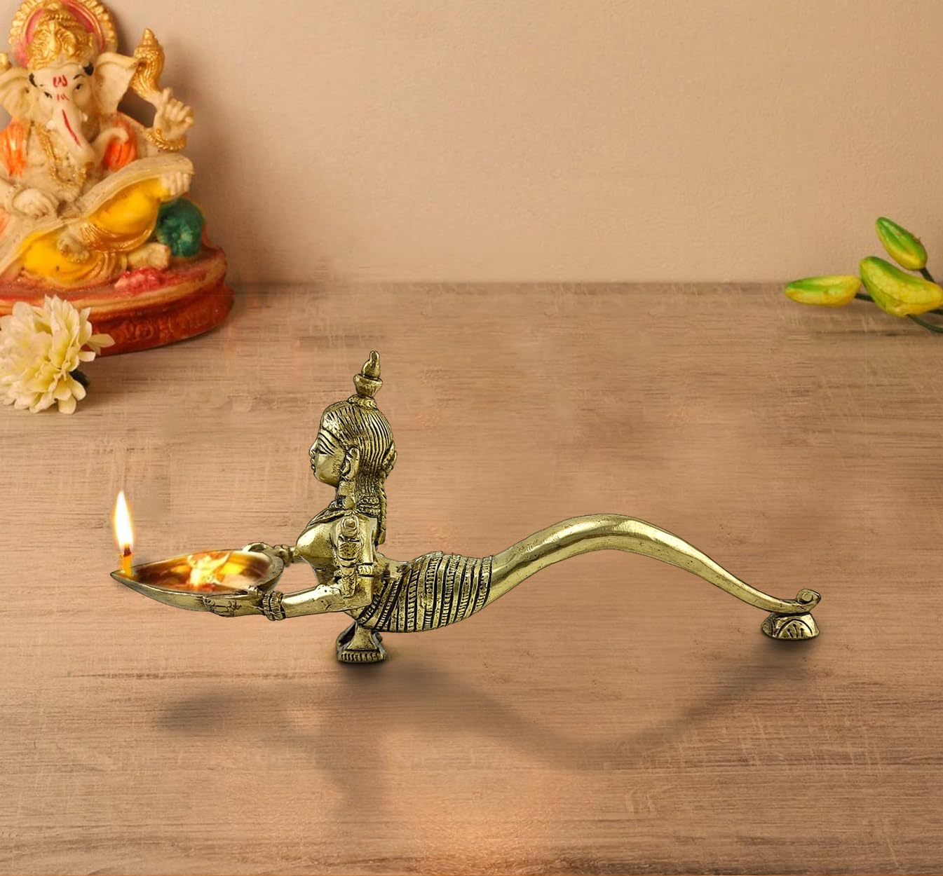 Mermaid Design Brass Aarti Diya, Brass Pooja Spoon, Housewarming Gifts, Brass Oil Lamp