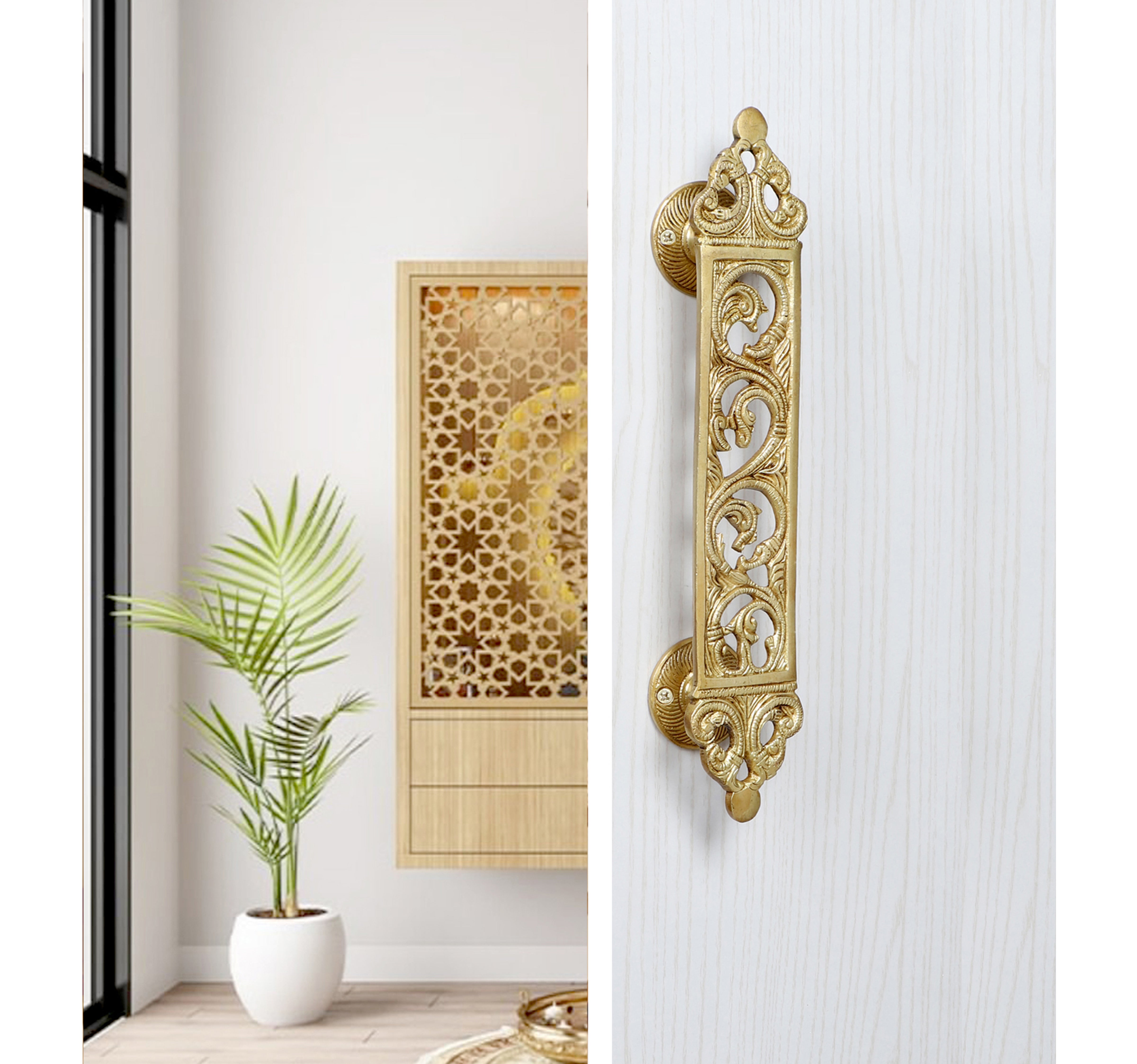 Ethnic Indian Design Carved 11.5 Inches Brass Door Handle, Main Door Handle