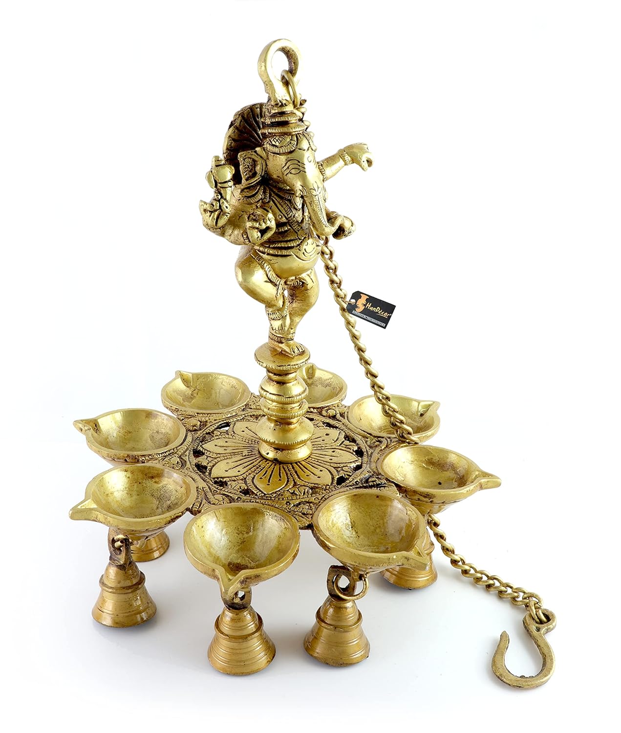 Brass Dancing Ganesha 8 Oil Wick Diya, Brass Oil Lamp, Weight - 2.7 Kg, Standard