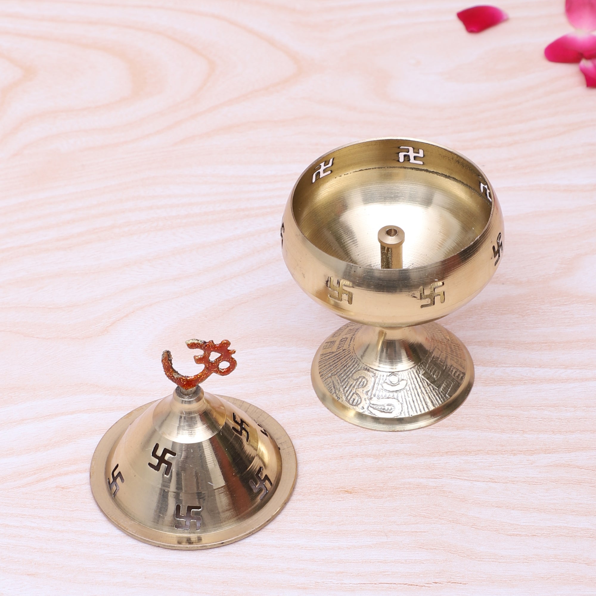 Brass 5.5 Inches Om Over Swastika Design Akhand Diya , Akhand Jyoti Diya