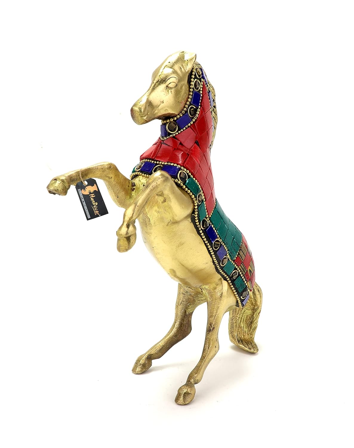 Gemstone Work 7.5 Inches Horse Uplifted Legs Brass Decorative Showpiece, Standard